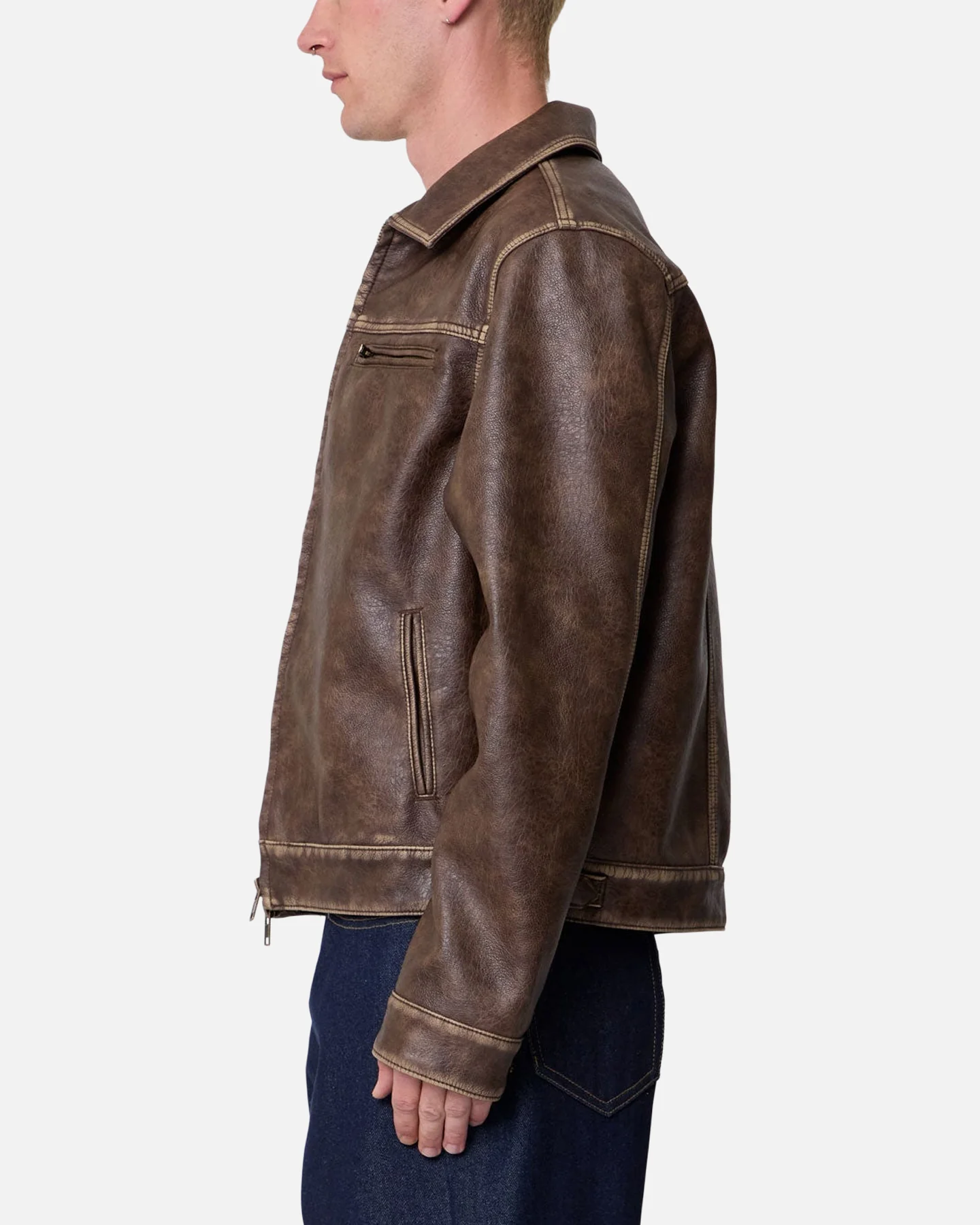 MNML Washed Leather Jacket Brown - Image 4