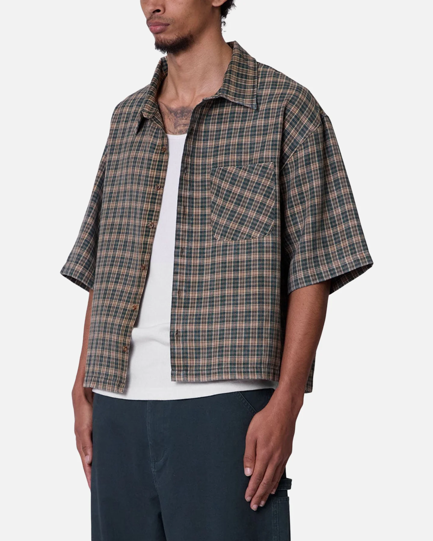 MNML Washed Poplin Over Button Up Shirt Green/Brown - Image 2