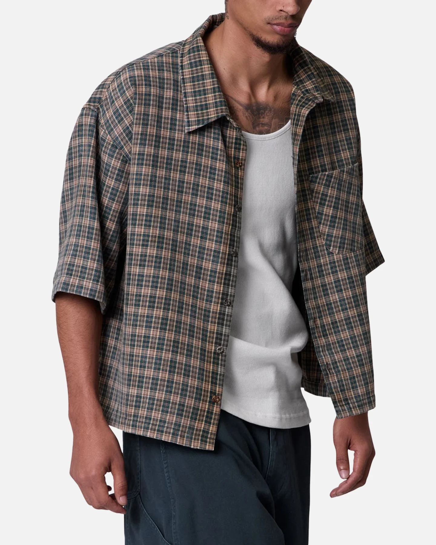 MNML Washed Poplin Over Button Up Shirt Green/Brown - Image 5