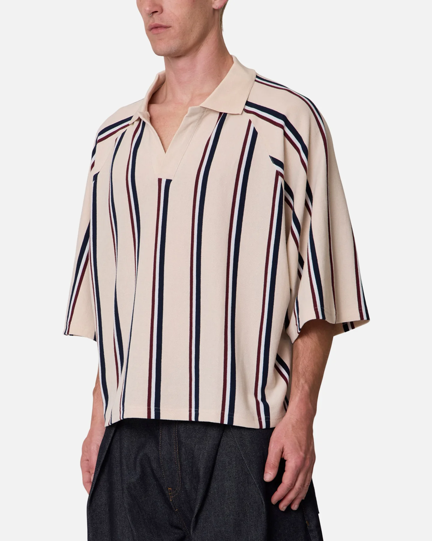 MNML Wide Striped Polo Shirt White/Navy - Image 3