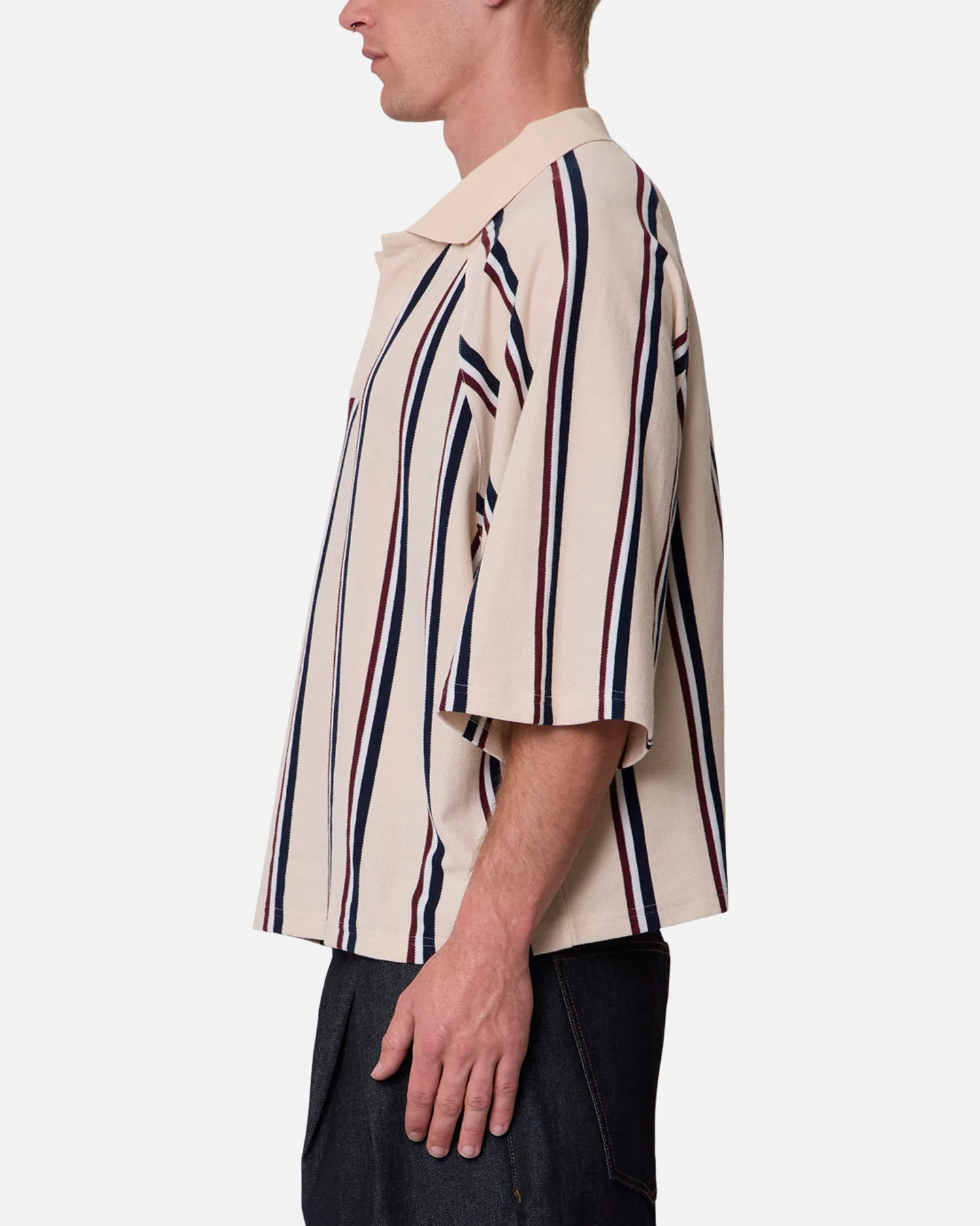 MNML Wide Striped Polo Shirt White/Navy - Image 4