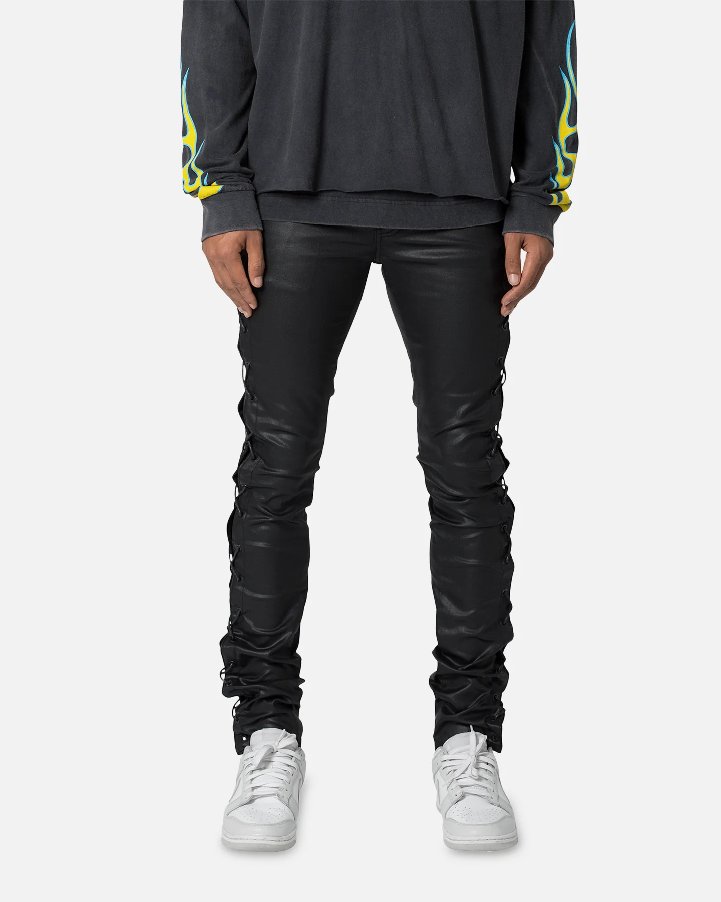MNML X566 Skinny Leather Lace-Up Pants Black