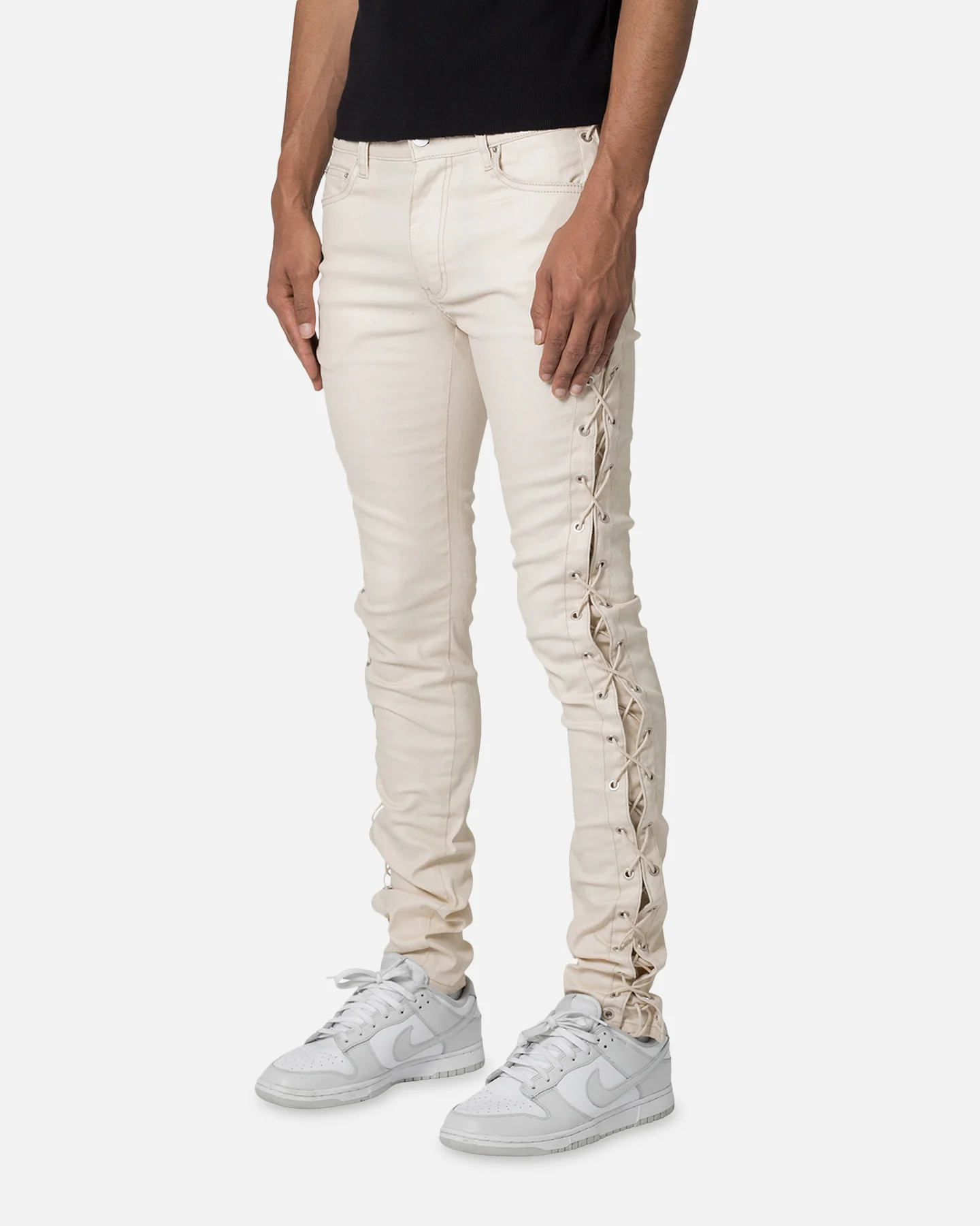 MNML X566 Skinny Leather Lace-Up Pants Cream - Image 2