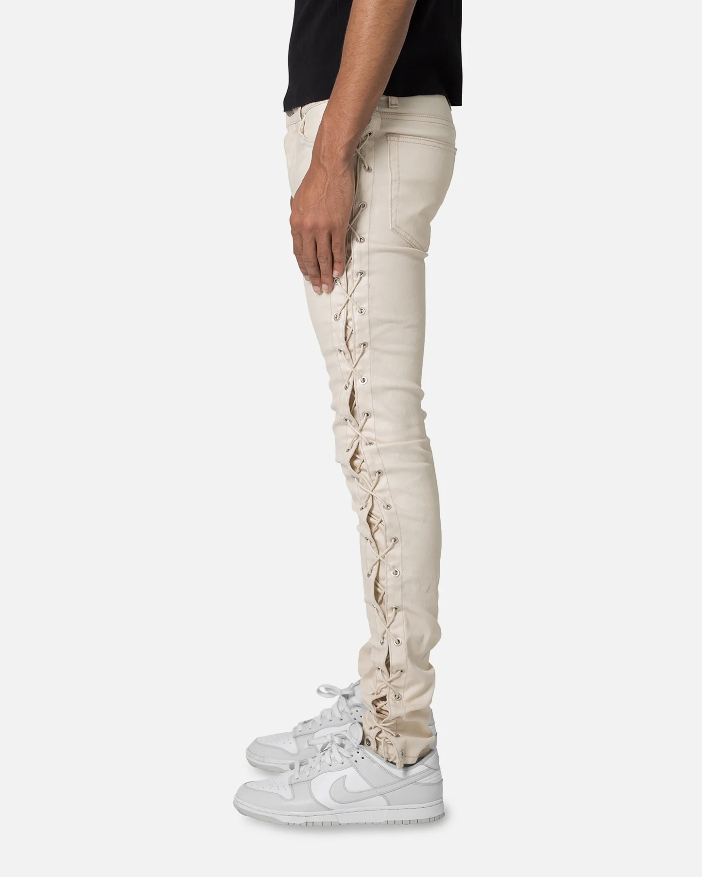 MNML X566 Skinny Leather Lace-Up Pants Cream - Image 3