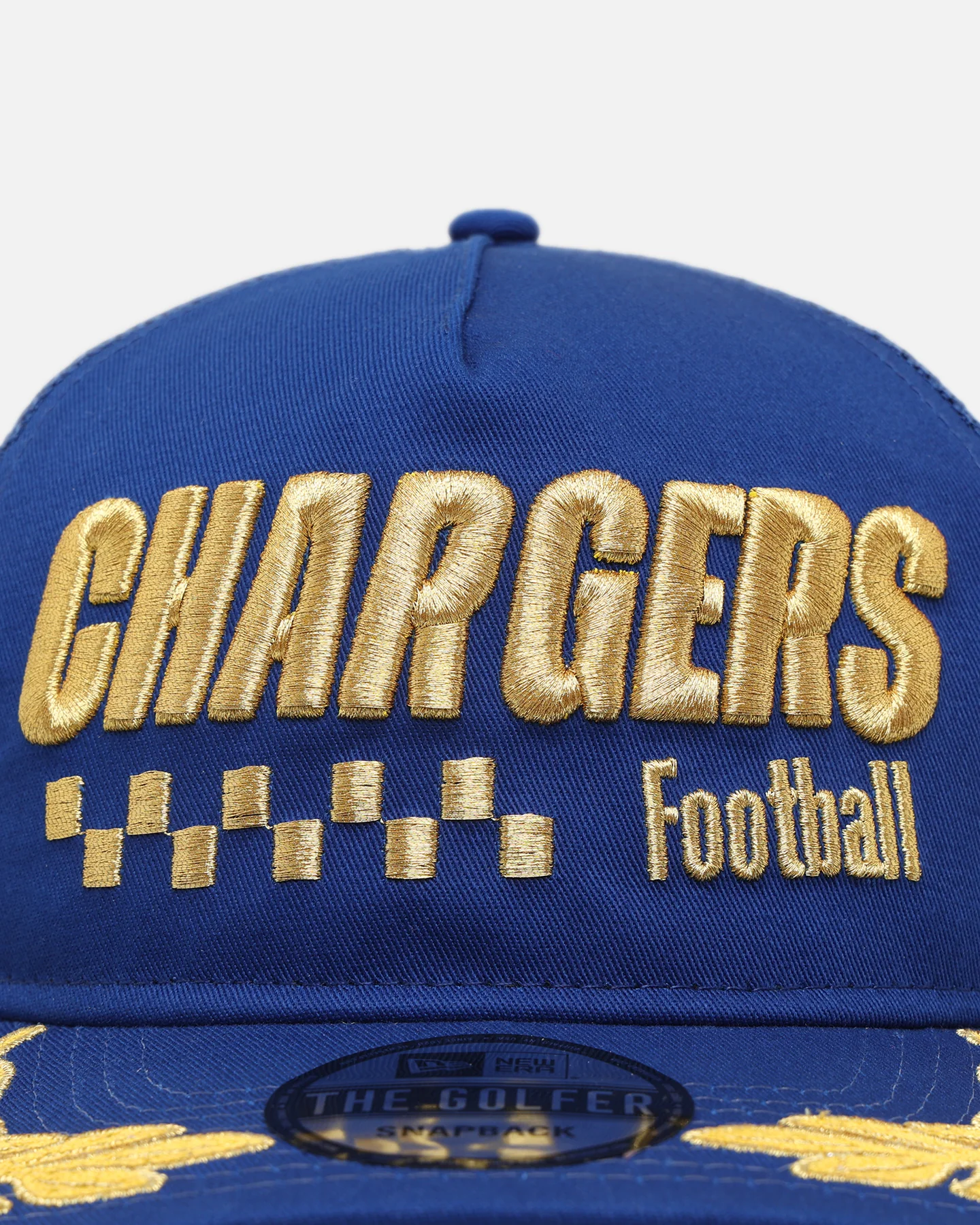 New Era Los Angeles Chargers 'Podium Collection' Pre-Curved Golfer Trucker Snapback Light Royal/Metallic Gold - Image 6