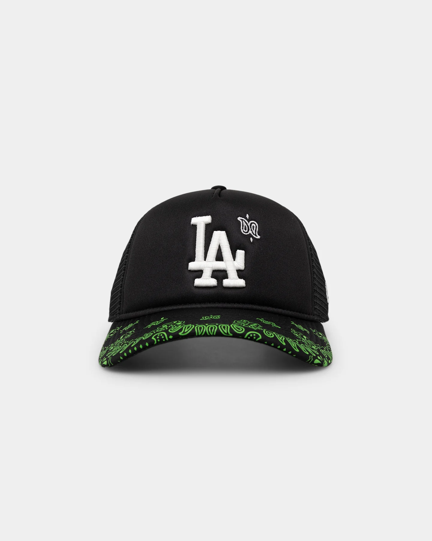 New Era Los Angeles Dodgers 'Glow In The Dark' 9FORTY A-Frame Trucker Snapback Black/Neon Green - Image 2