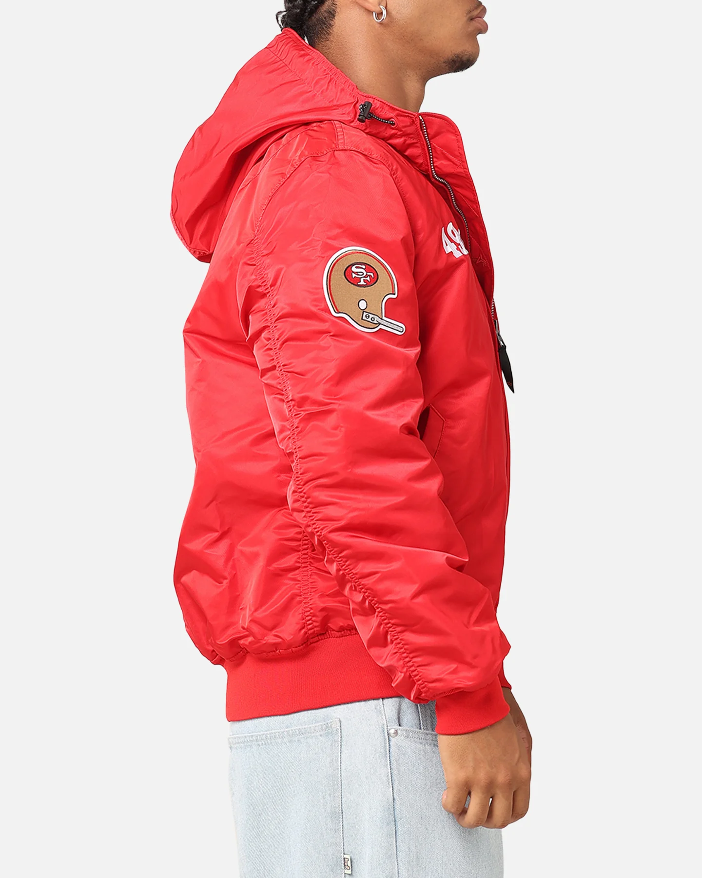 New Era San Francisco 49ers Alpha Industries L-2B Hooded Bomber Jacket Red - Image 4