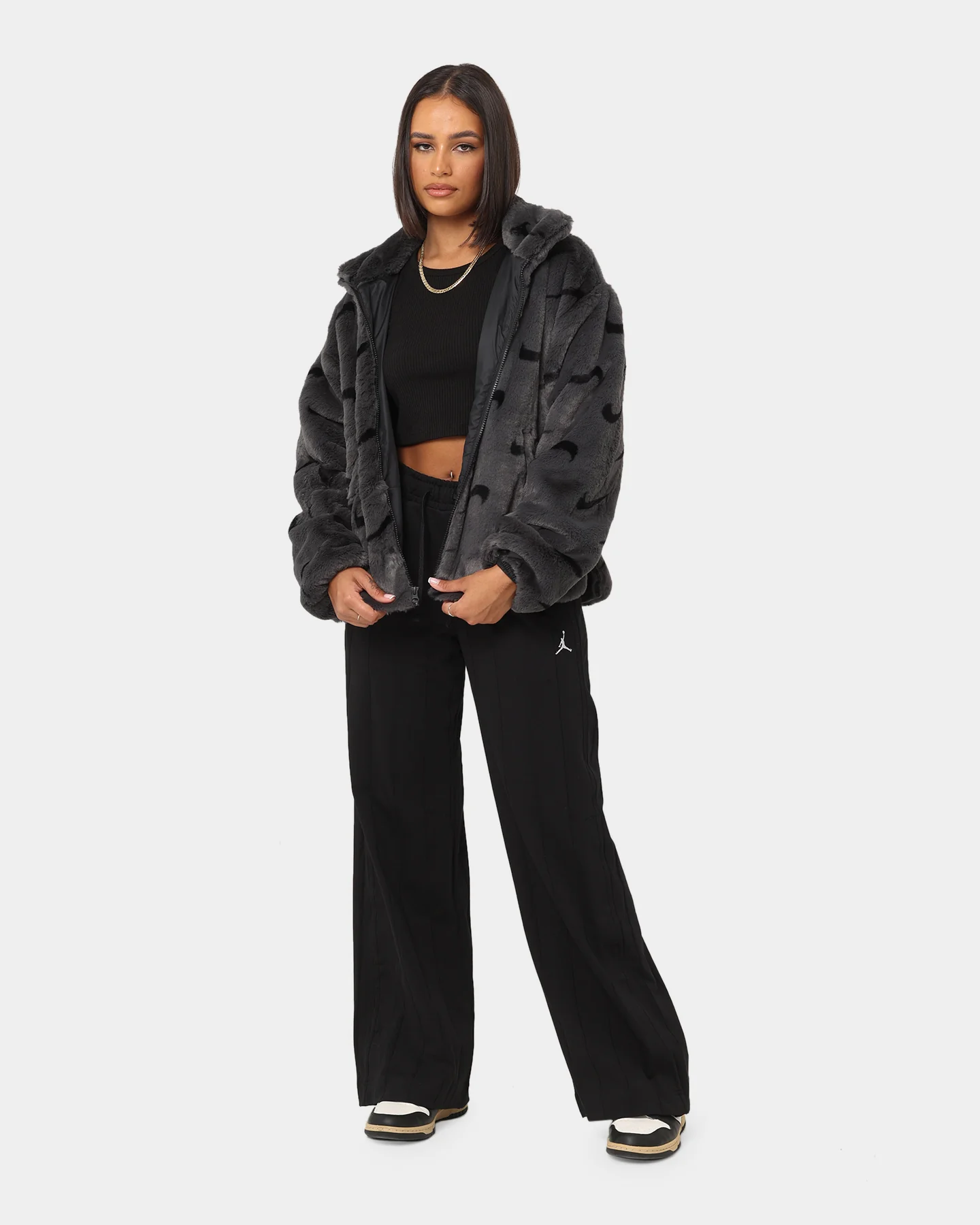 Nike Women's Nike Sportswear Faux Fur All Over Print Jacket Dark Smoke Grey/Black - Image 2