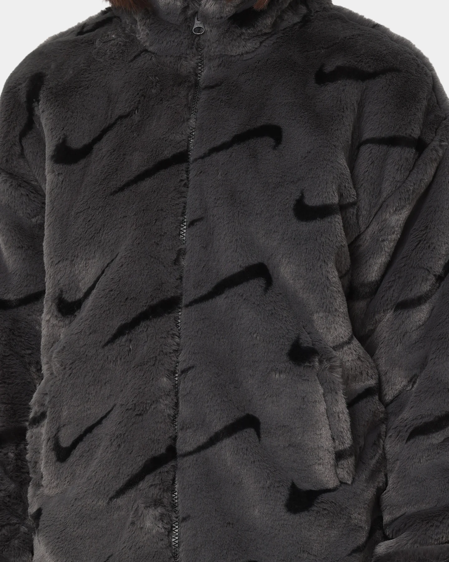 Nike Women's Nike Sportswear Faux Fur All Over Print Jacket Dark Smoke Grey/Black - Image 3