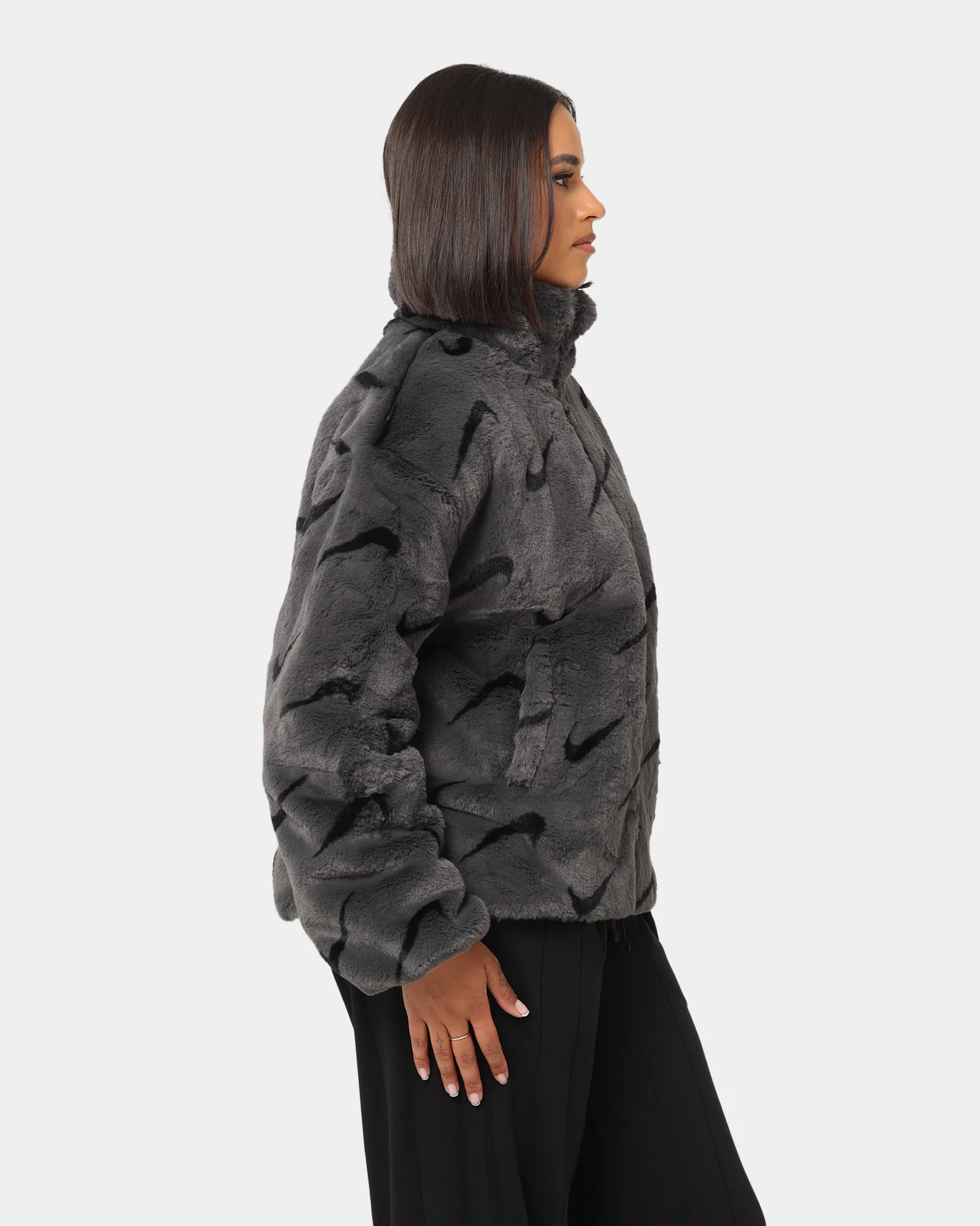 Nike Women's Nike Sportswear Faux Fur All Over Print Jacket Dark Smoke Grey/Black - Image 5
