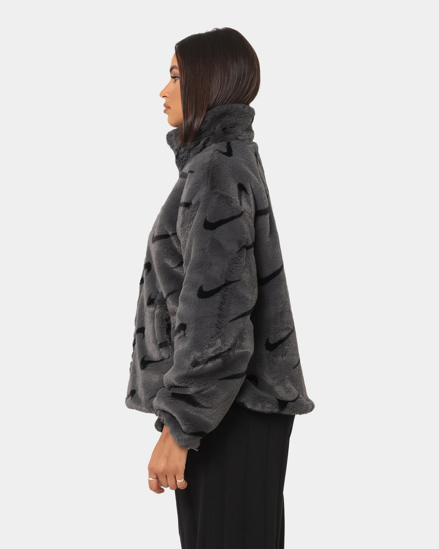 Nike Women's Nike Sportswear Faux Fur All Over Print Jacket Dark Smoke Grey/Black - Image 6
