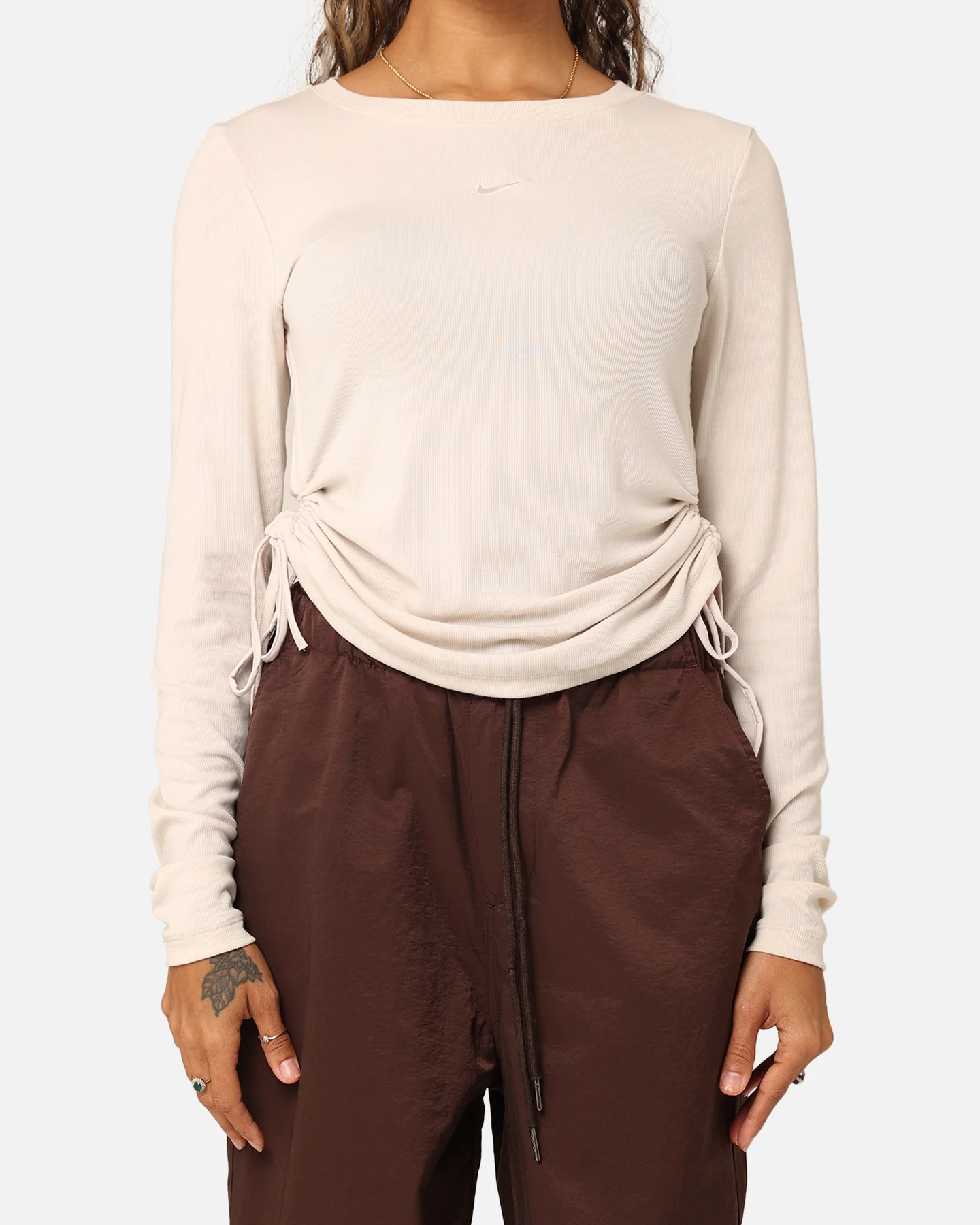 Nike Women's Sportswear Essential Ribbed Long Sleeve Mod Crop Top Light Orewood Brown/Sail - Image 3