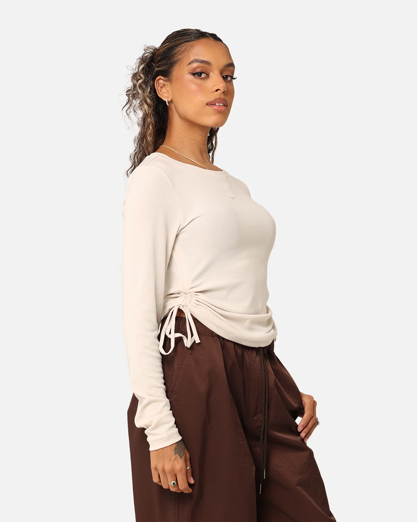 Nike Women's Sportswear Essential Ribbed Long Sleeve Mod Crop Top Light Orewood Brown/Sail - Image 5