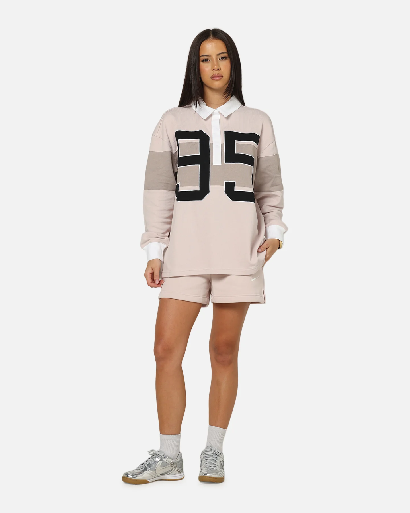Nike Women's Sportswear Graphic Long Sleeve Polo Top Pink/White - Image 2