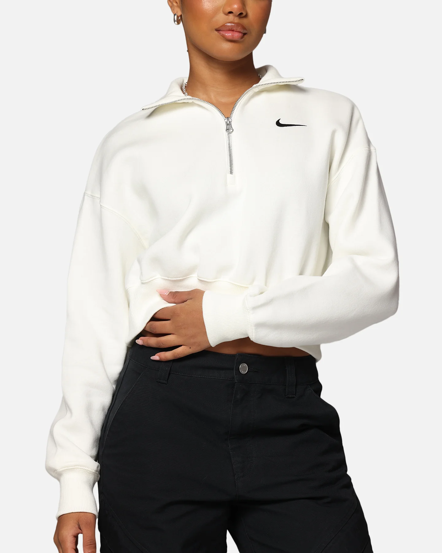 Nike Women's Sportswear Style Phoenix Fleece Cropped Half Zip Sweatshirt Sail/Black - Image 6