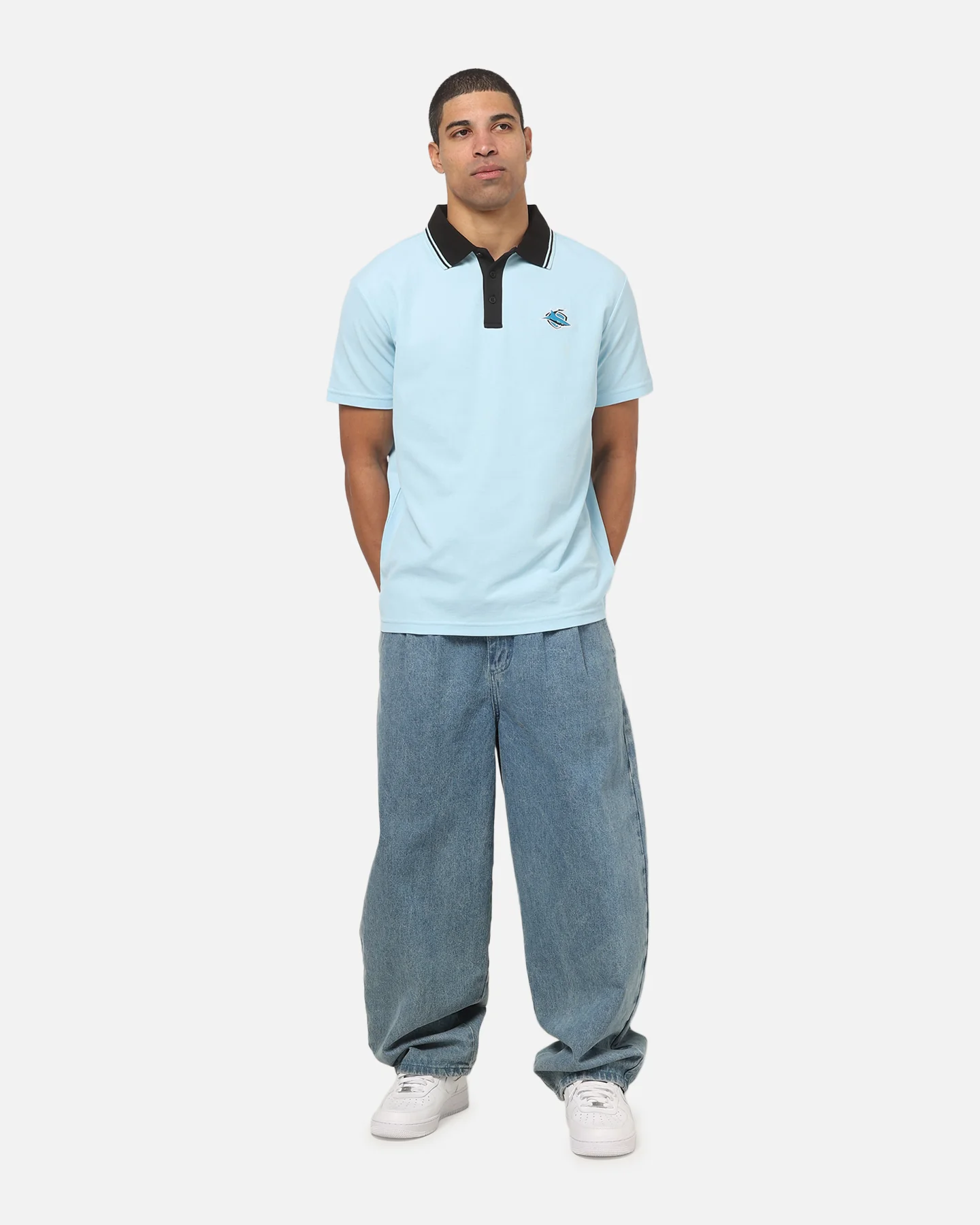 Bleacher Athletic Cronulla-Sutherland Sharks NRL Adult Golf Polo T-Shirt Light Blue - Image 2