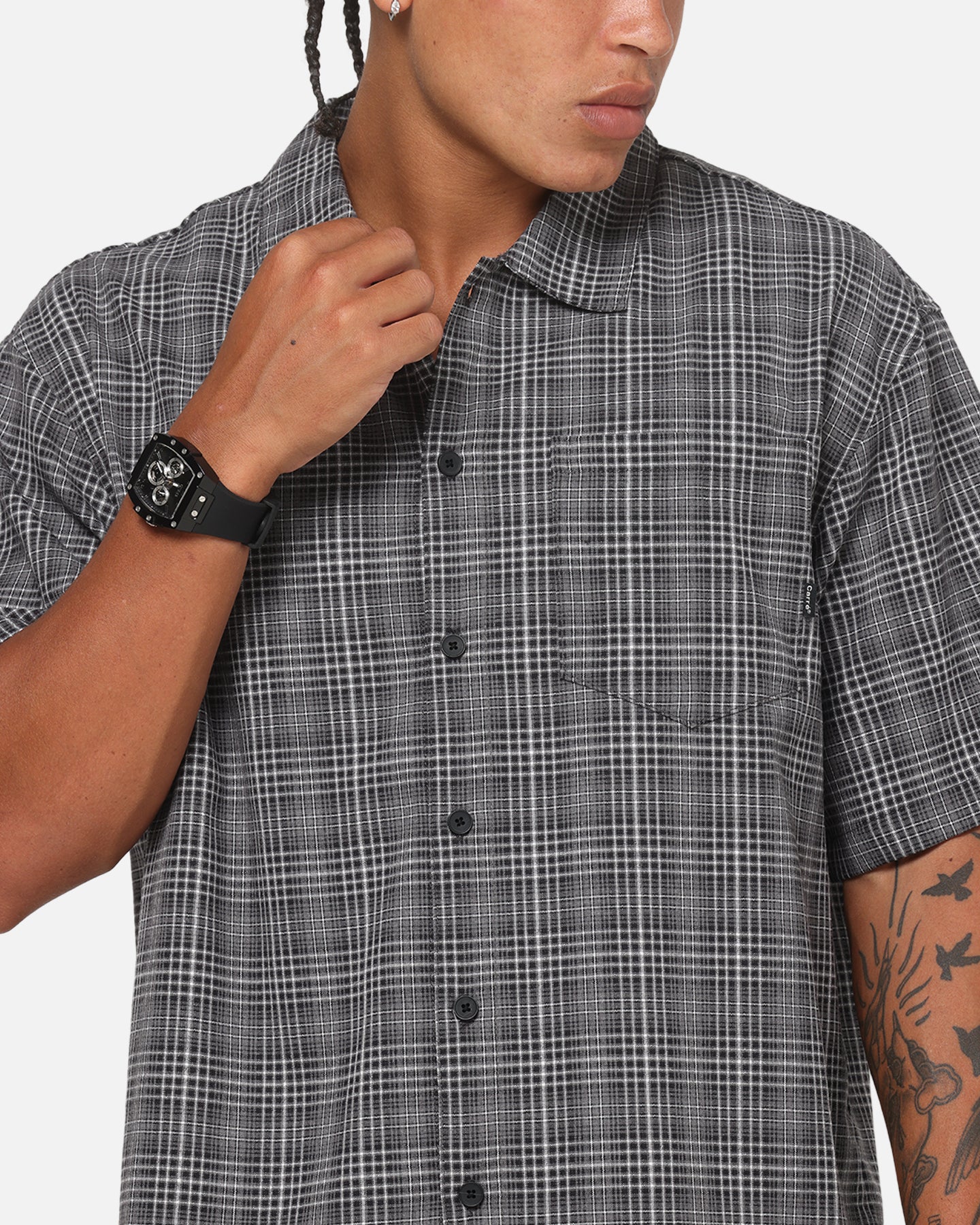 Carre Plaid Button Up Shirt Black-Plaid - Image 6