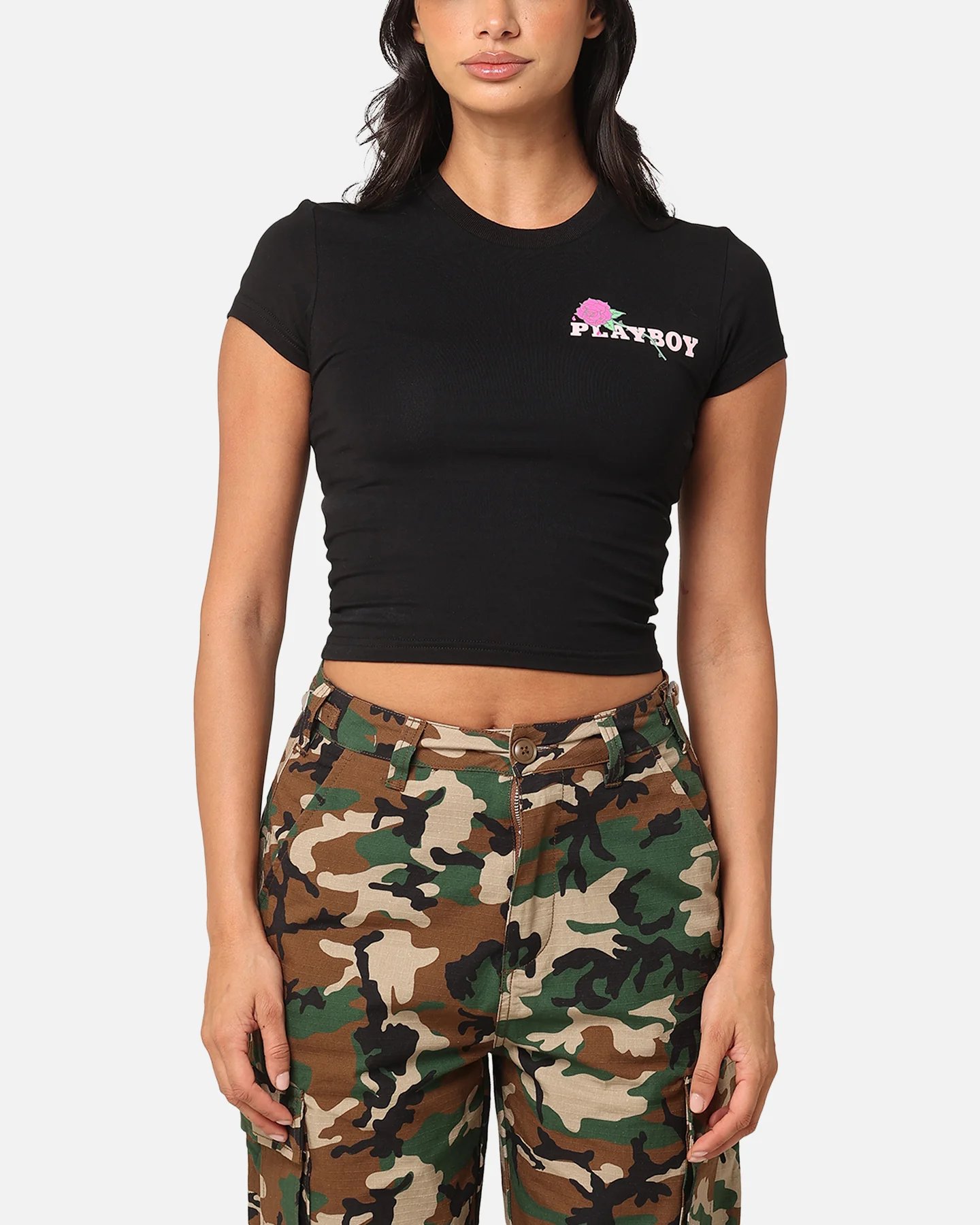 Playboy Women's Rose Stacked Baby T-Shirt Black - Image 2