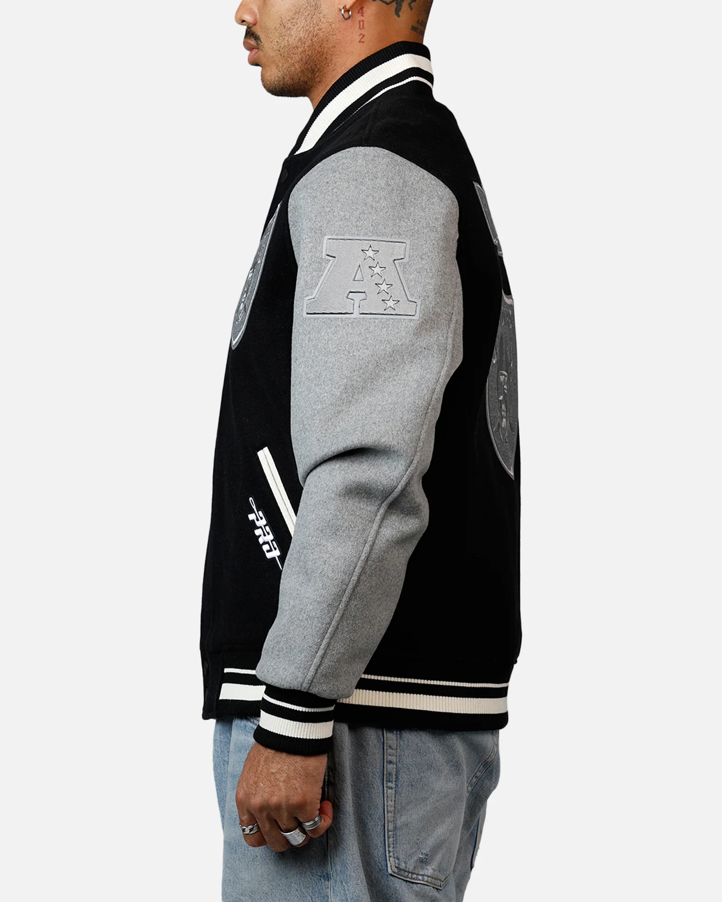 Pro Standard Las Vegas Raiders Reverse French Terry Wool Varsity Jacket Black/Grey - Image 5