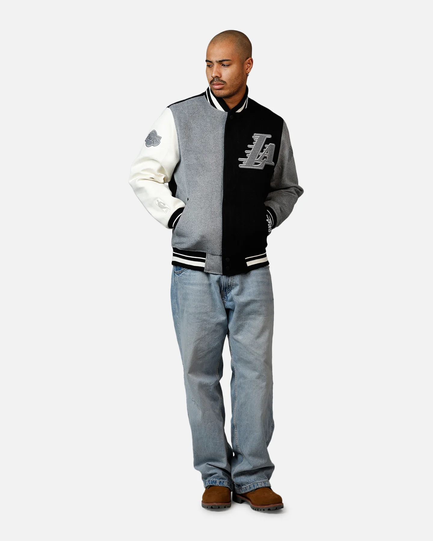 Pro Standard Los Angeles Lakers Reverse French Terry Wool Varsity Jacket Black/Grey - Image 3