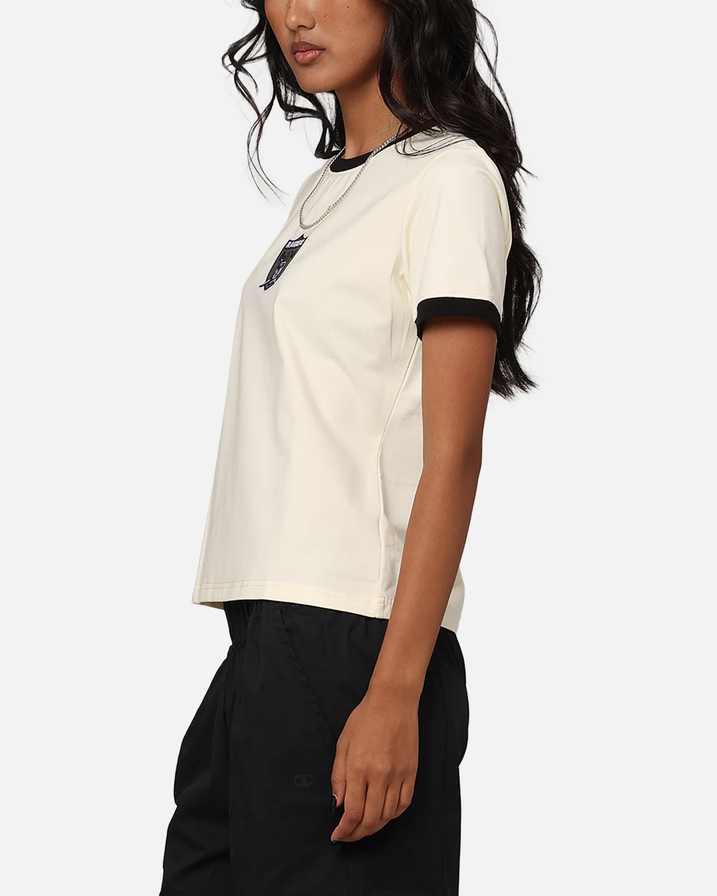Pro Standard Women's Las Vegas Raiders SJ Ringer T-Shirt Eggshell/Black - Image 6