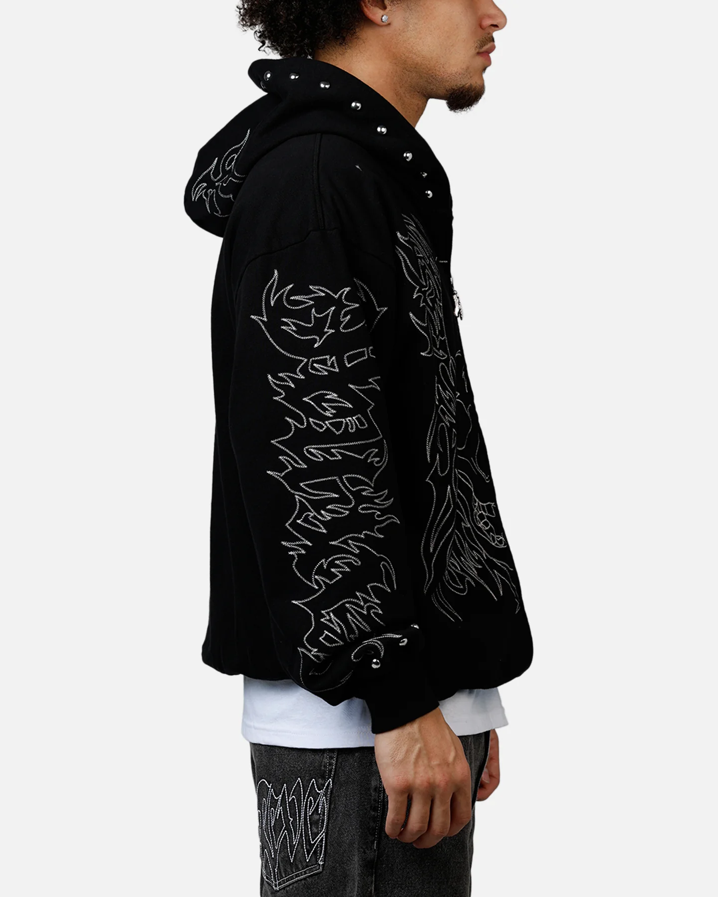 Revenge Tribal Skull Studded Zip Hoodie Black - Image 4