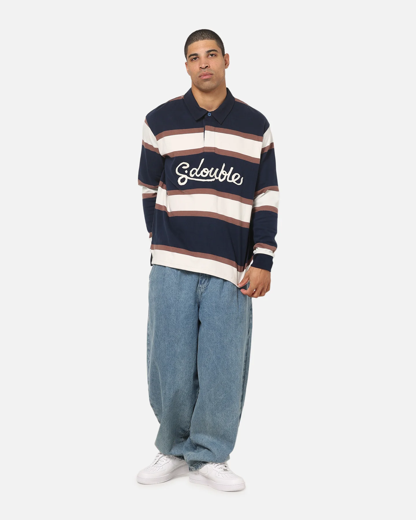 S Double Chain Stitch Long Sleeve Rugby Jersey Navy - Image 2