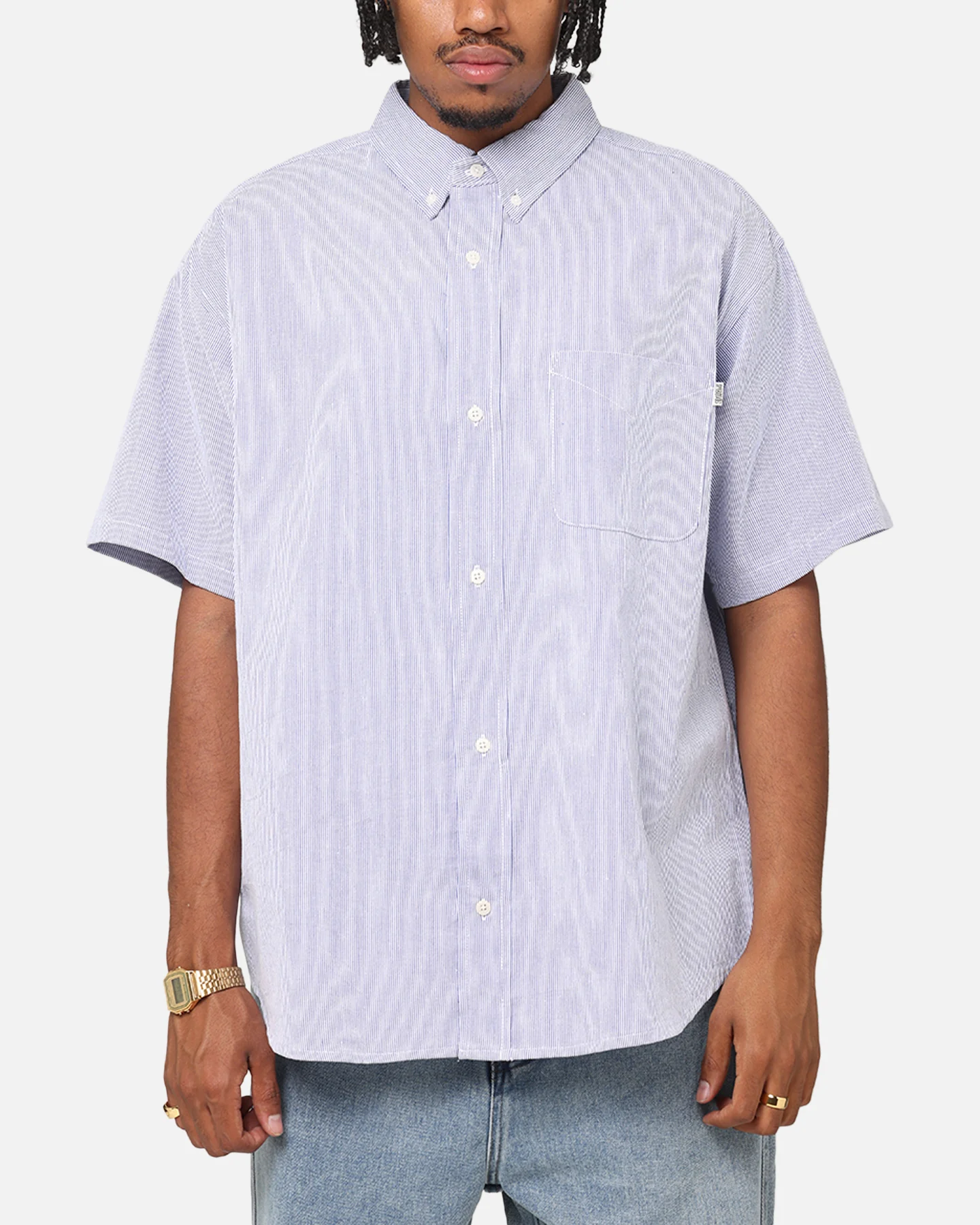 S Double Classic Oxford Button Up Shirt Navy Stripe