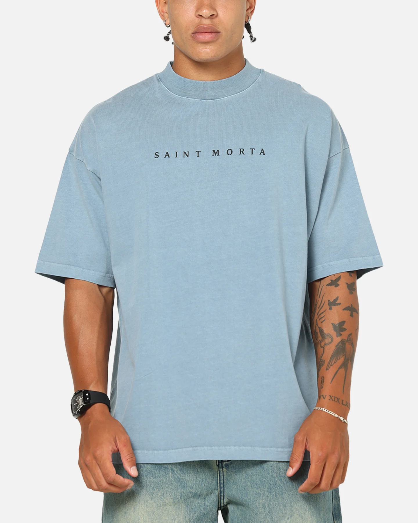 Saint Morta Conviction Mock Neck T-Shirt Denim Blue - Image 2