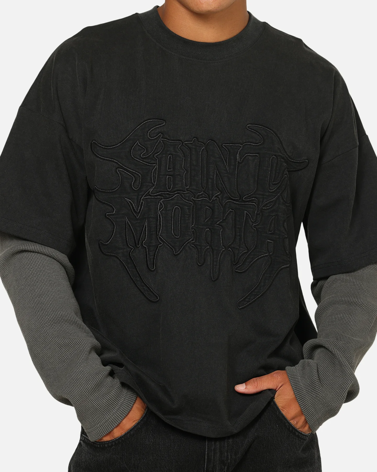 Saint Morta Crested Wing Long Sleeve Layered T-Shirt Vintage Black - Image 7