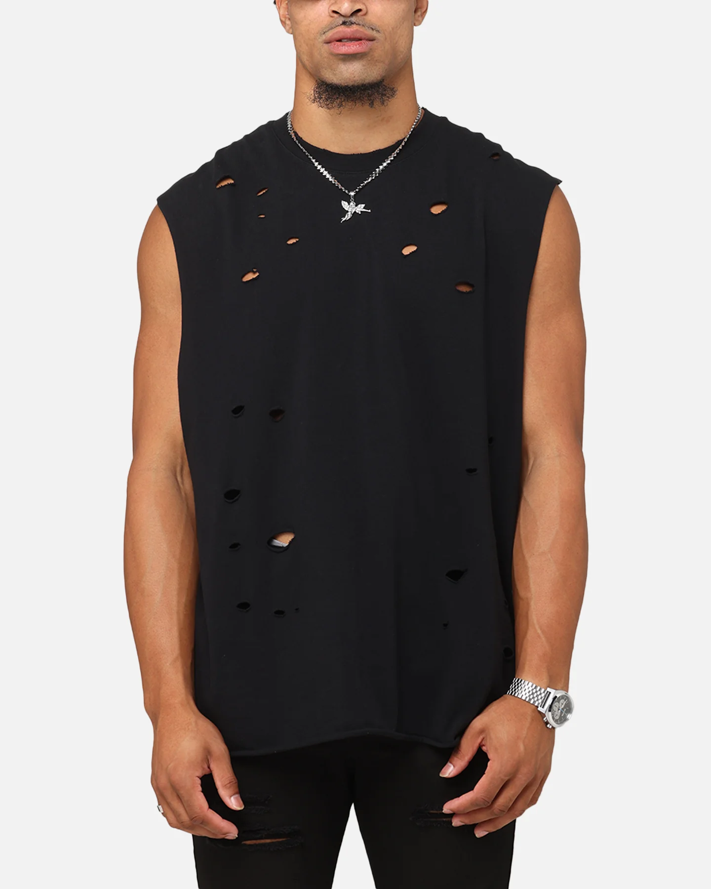 Saint Morta Distressed Oversized Muscle T-Shirt Black - Image 2