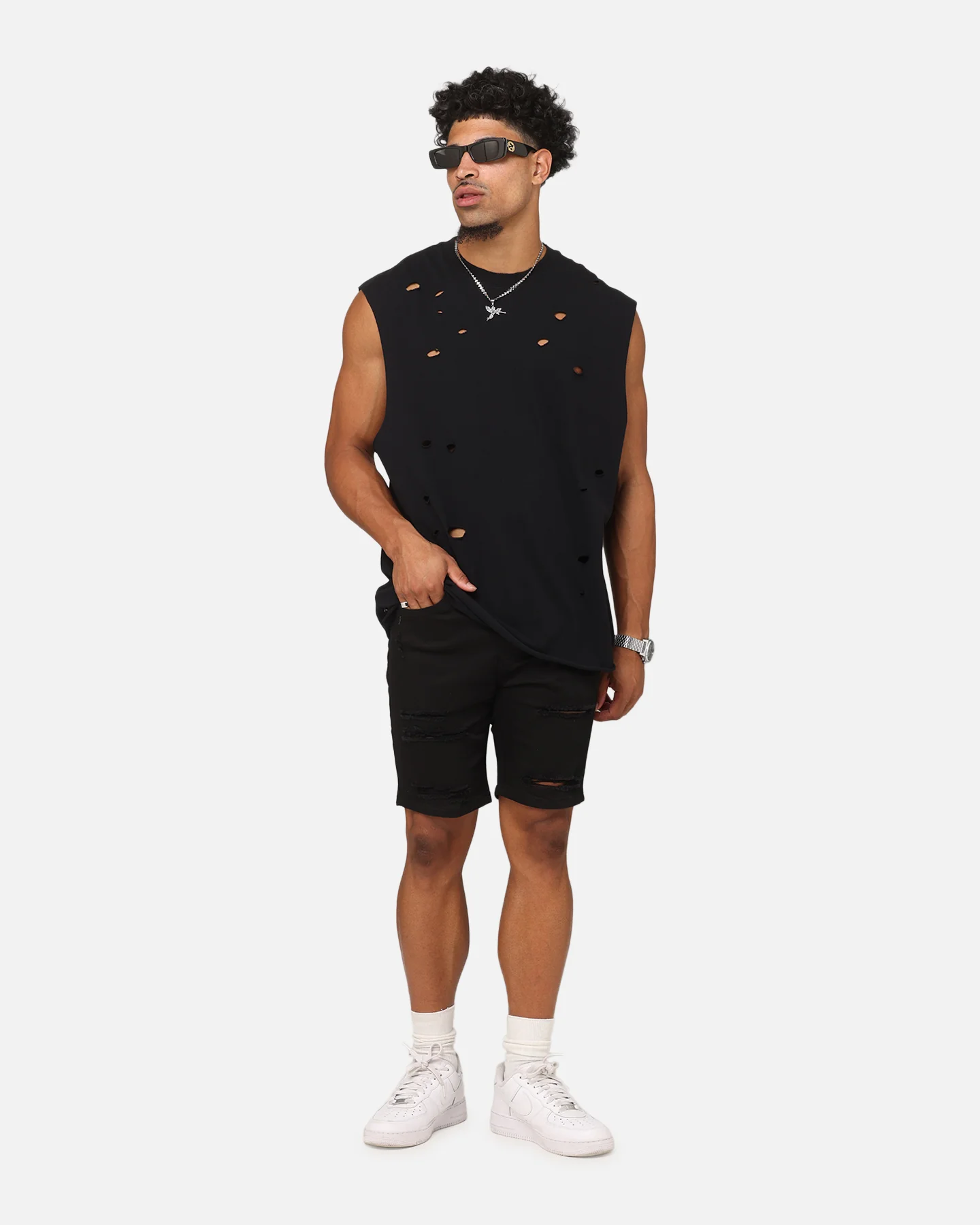 Saint Morta Distressed Oversized Muscle T-Shirt Black - Image 4