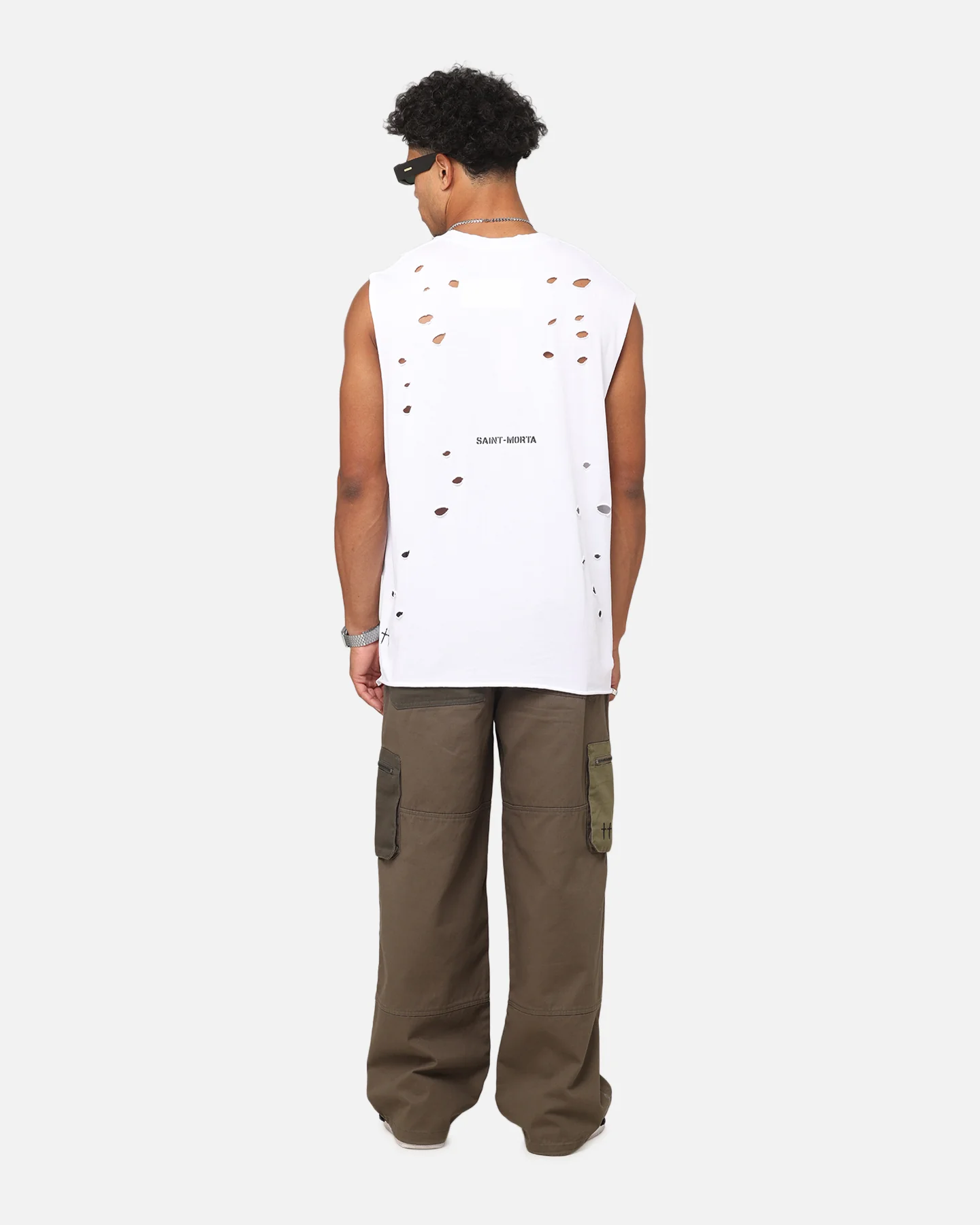 Saint Morta Distressed Oversized Muscle T-Shirt White - Image 3