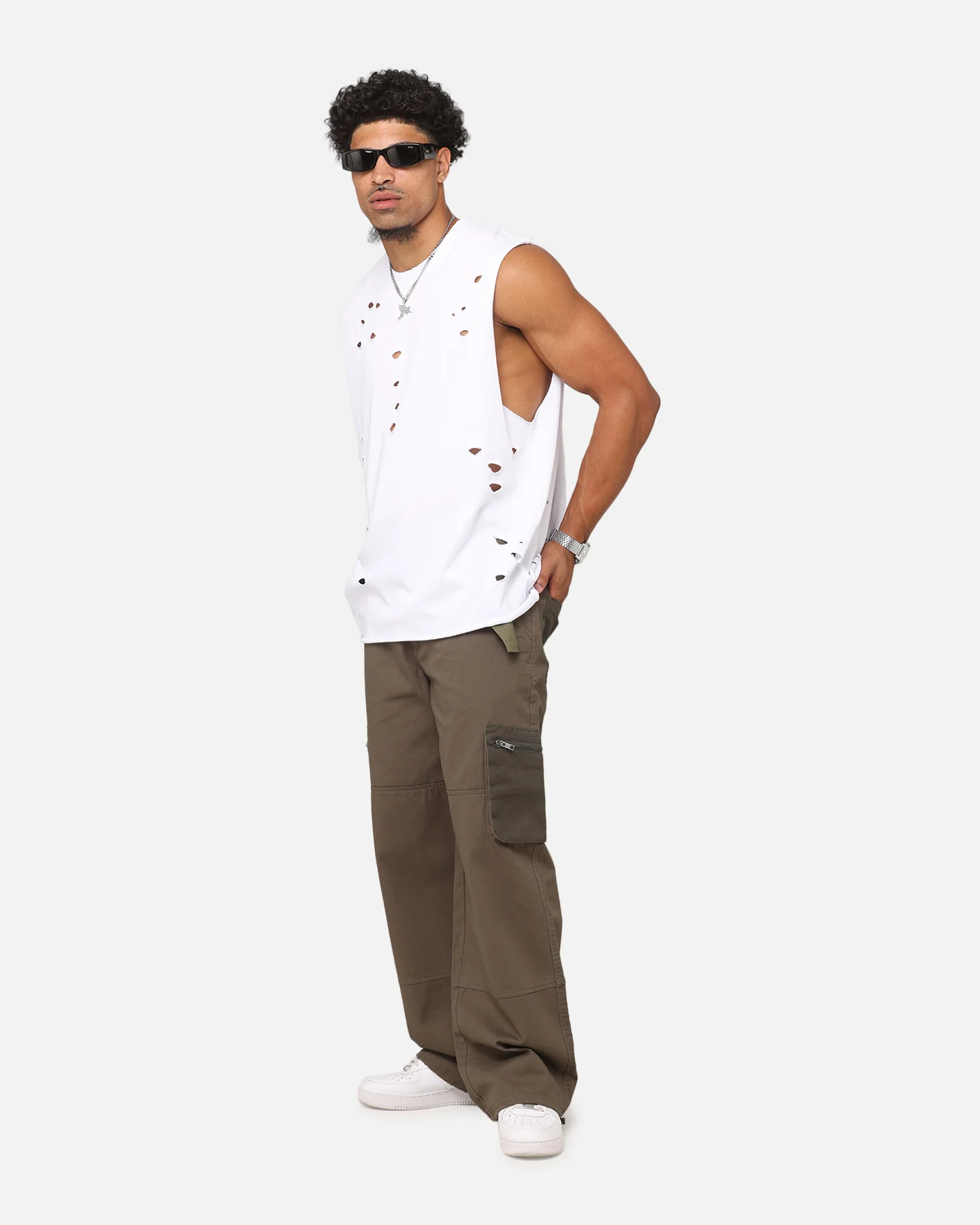 Saint Morta Distressed Oversized Muscle T-Shirt White - Image 4