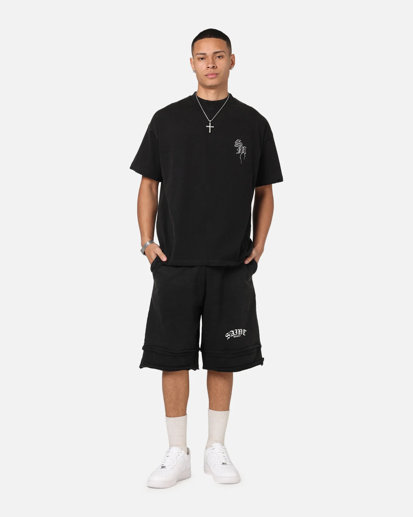 Saint Morta Gothic Layered Sweat Shorts Black - Image 2