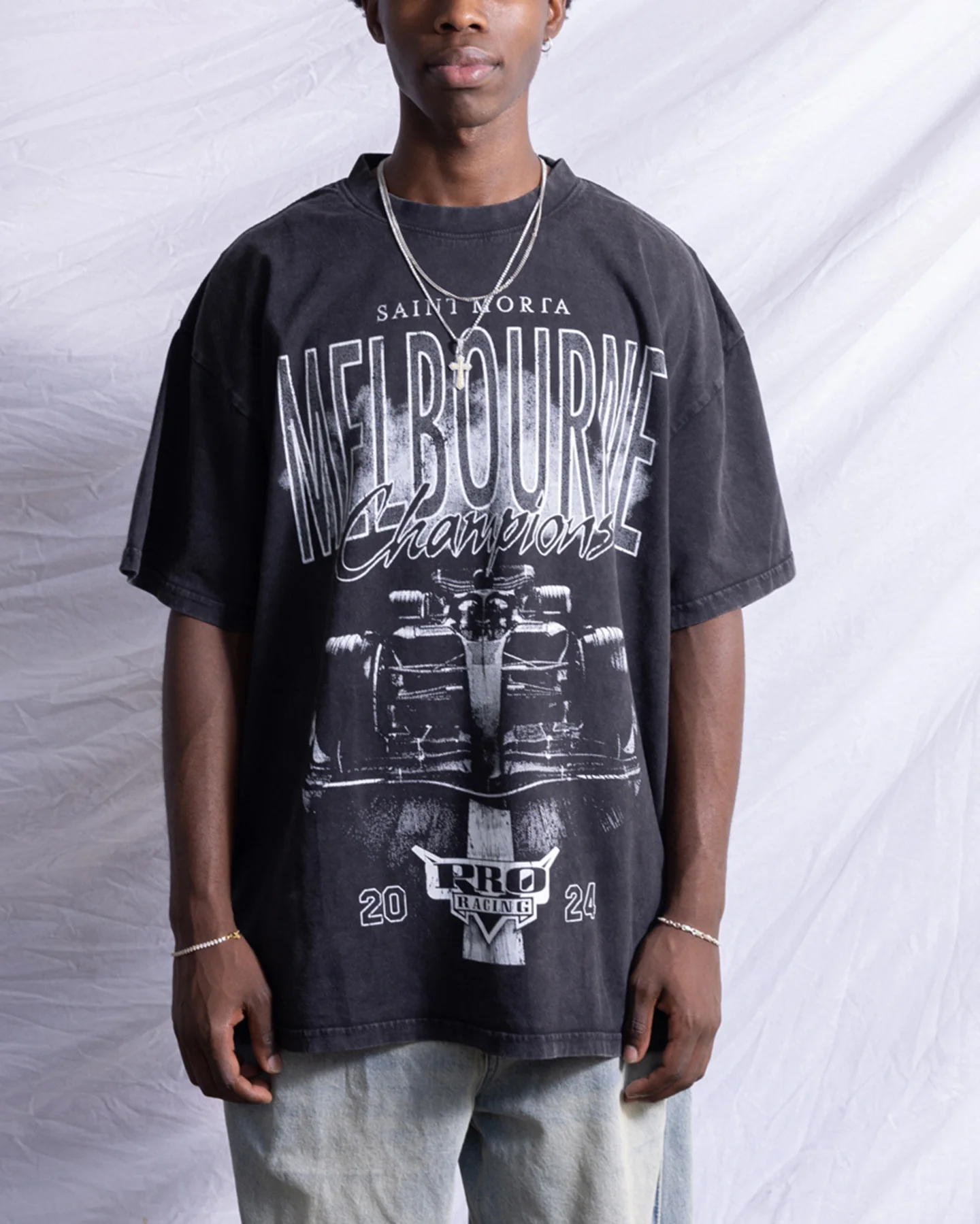 Saint Morta Melbourne Champions Racing T-Shirt Black Acidwash