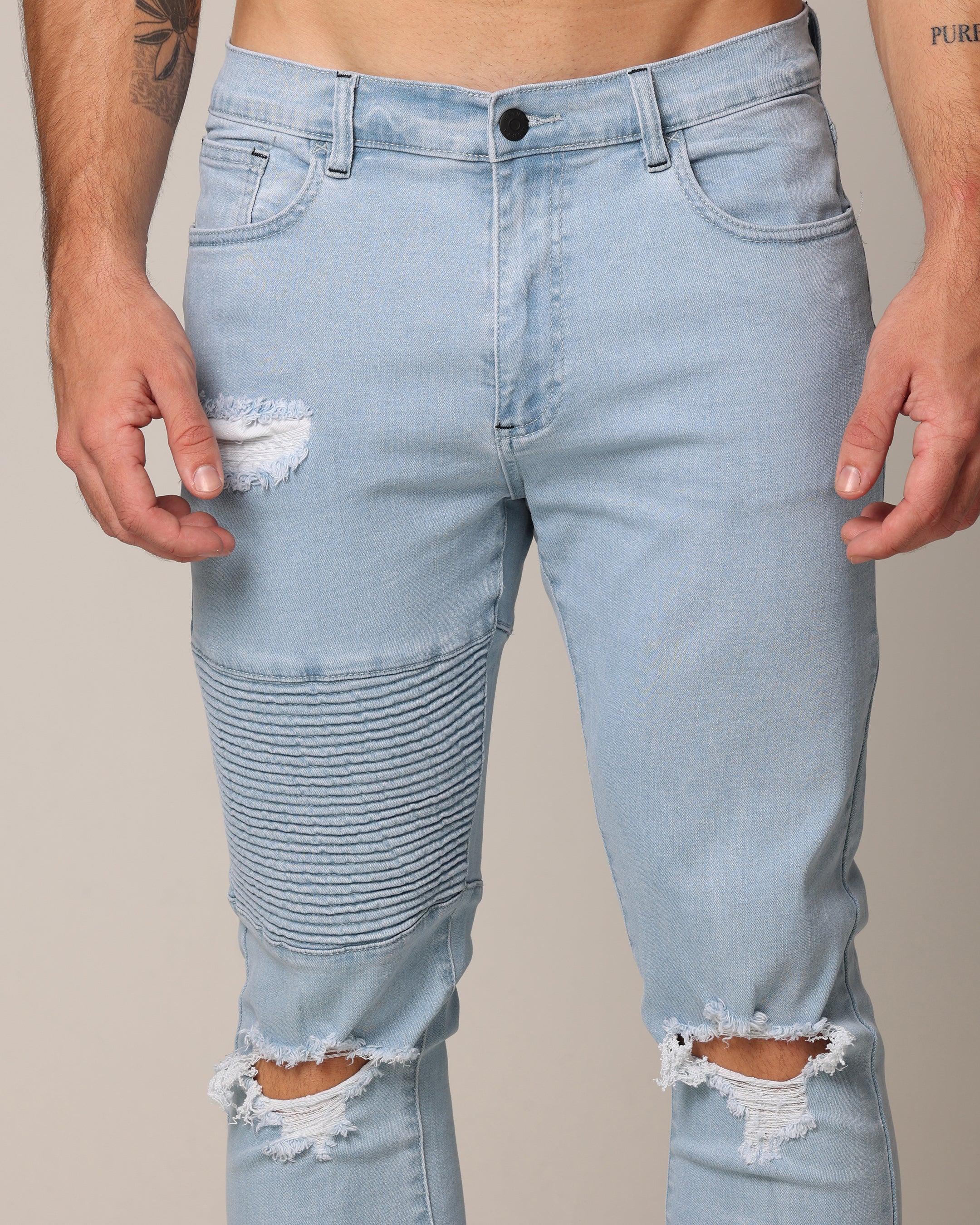 Saint Morta Men's Index Distressed Biker Jeans Light Blue - Image 7