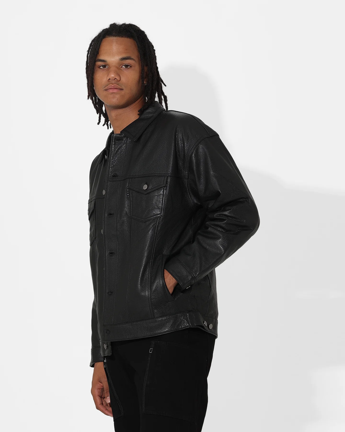 Saint Morta Oversized Leather Trucker Jacket Black - Image 6