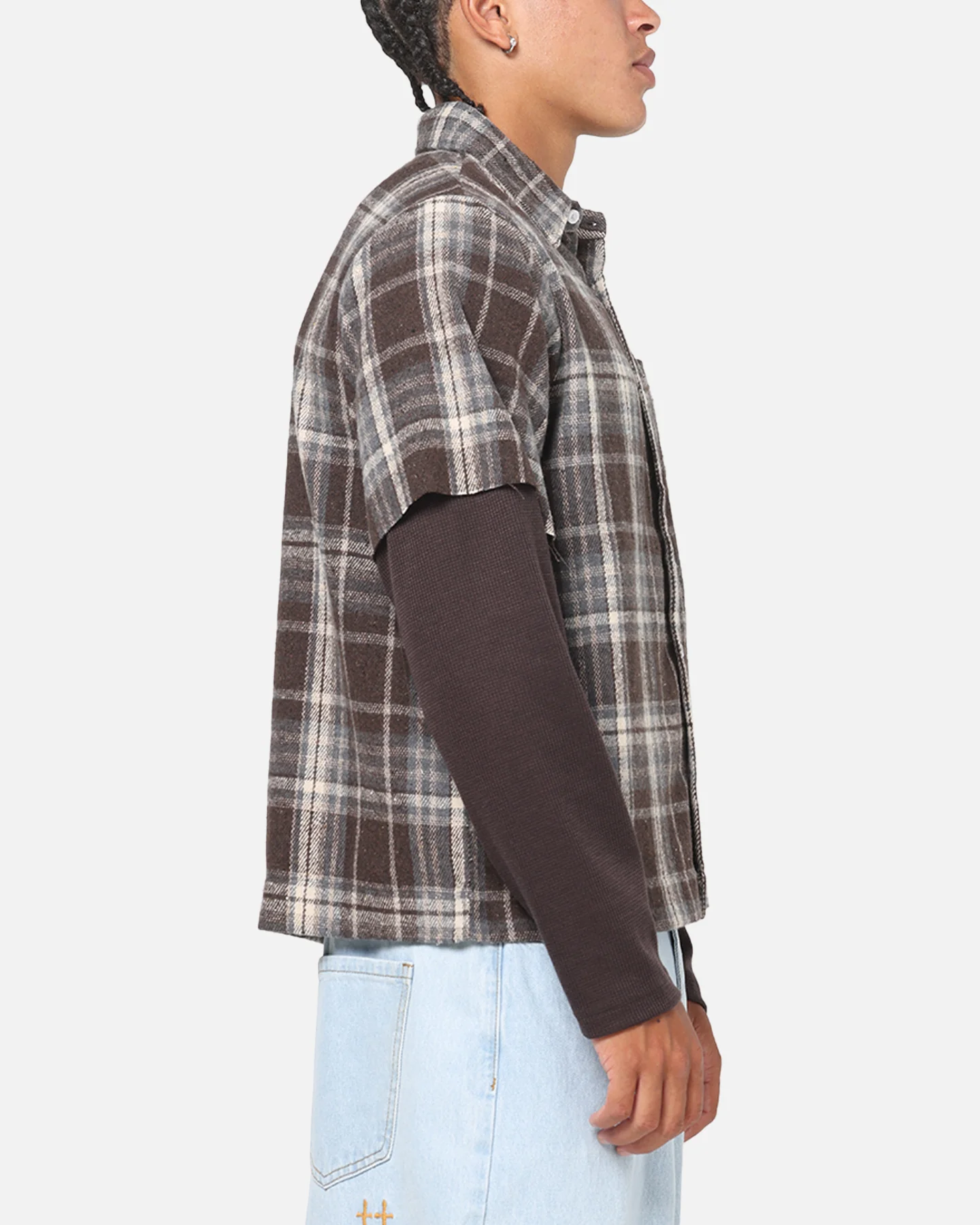 Saint Morta Plaid Layered Long Sleeve Button Up Shirt Brown - Image 4
