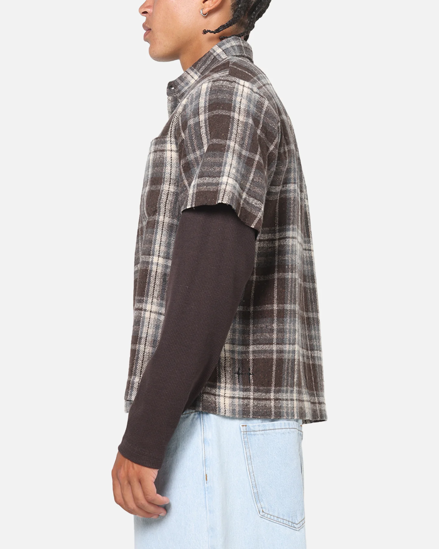 Saint Morta Plaid Layered Long Sleeve Button Up Shirt Brown - Image 5