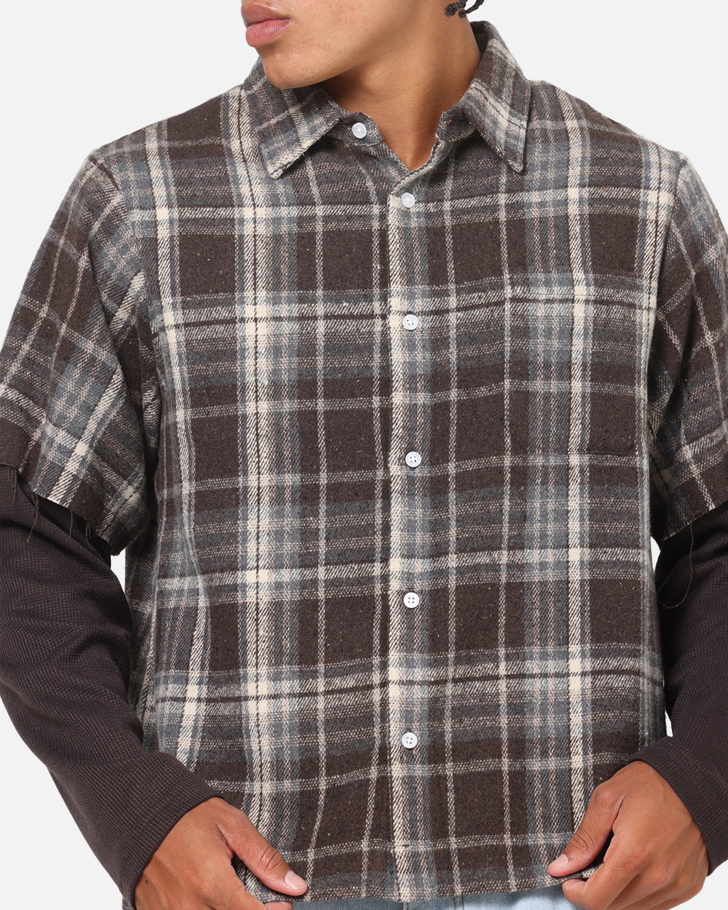 Saint Morta Plaid Layered Long Sleeve Button Up Shirt Brown - Image 6