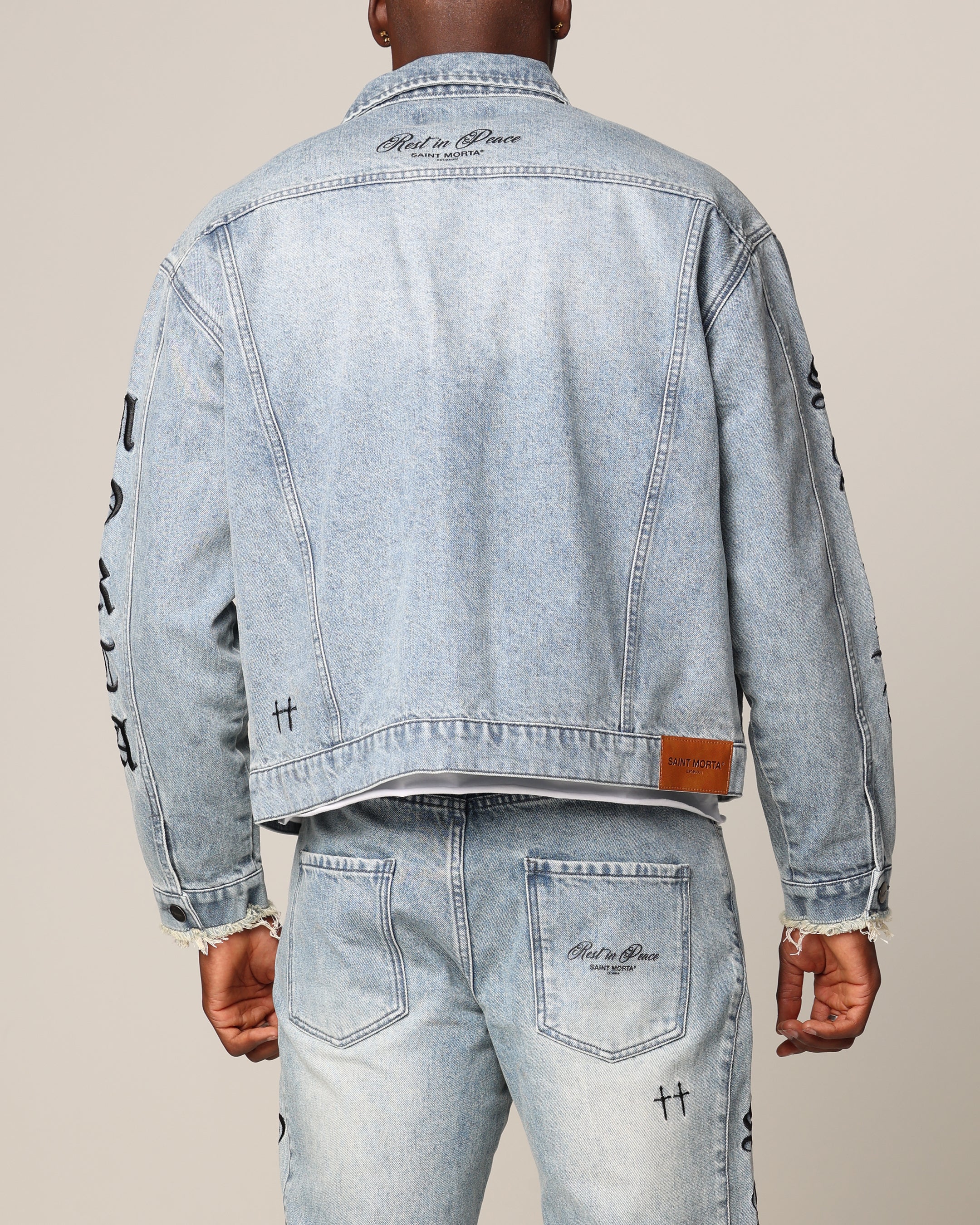 Saint Morta Rip Gothic Cutoff Denim Jacket Superwash Blue - Image 3