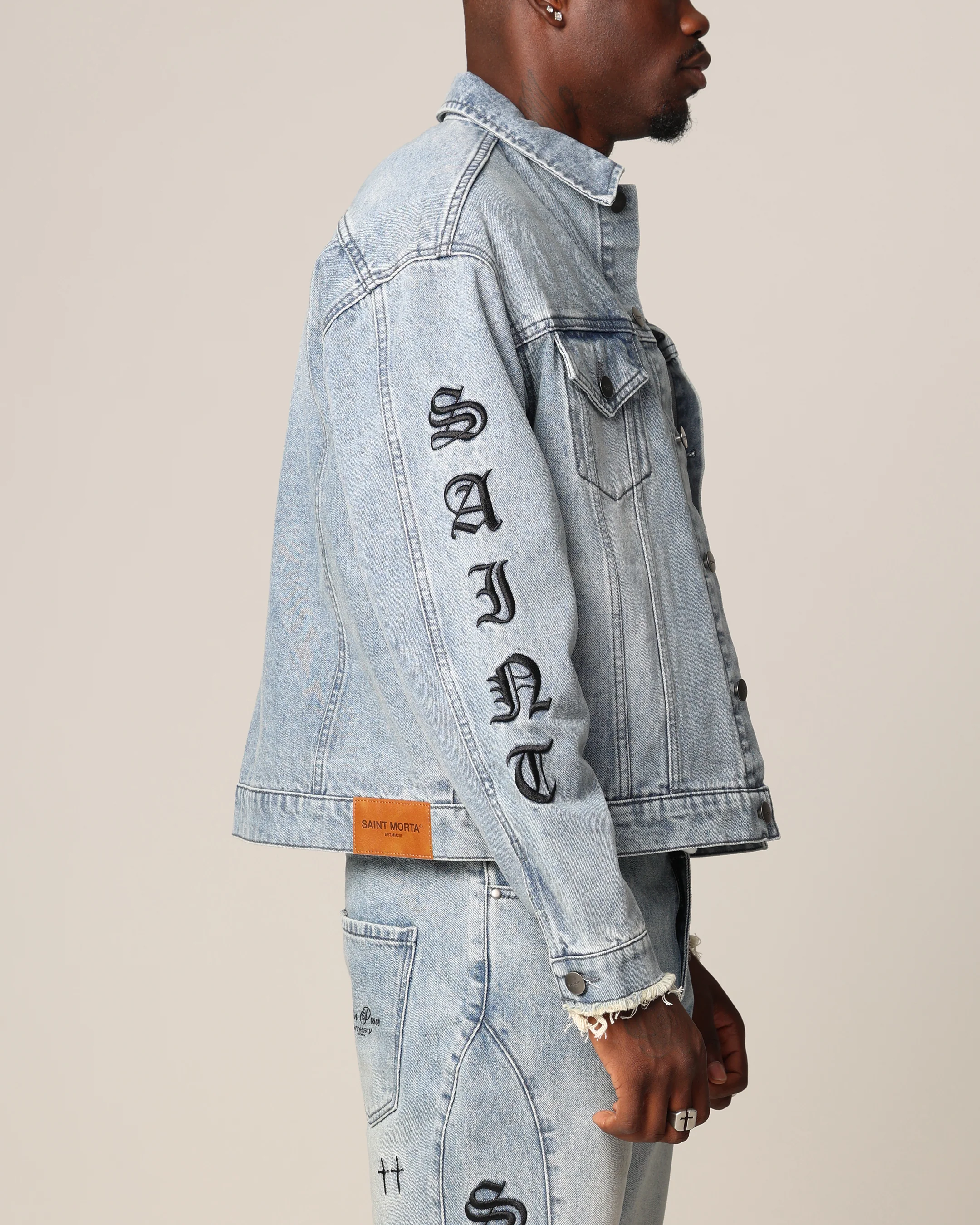 Saint Morta Rip Gothic Cutoff Denim Jacket Superwash Blue - Image 4