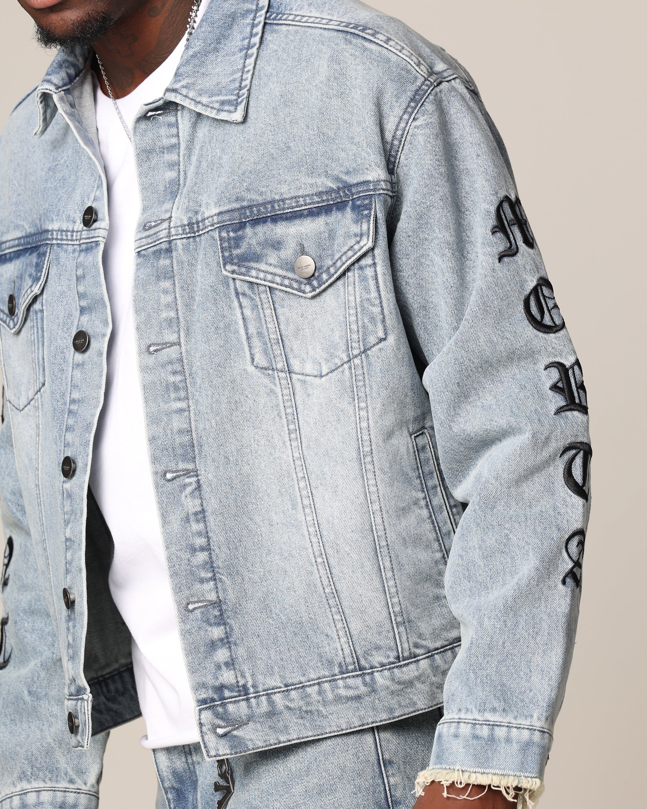 Saint Morta Rip Gothic Cutoff Denim Jacket Superwash Blue - Image 6