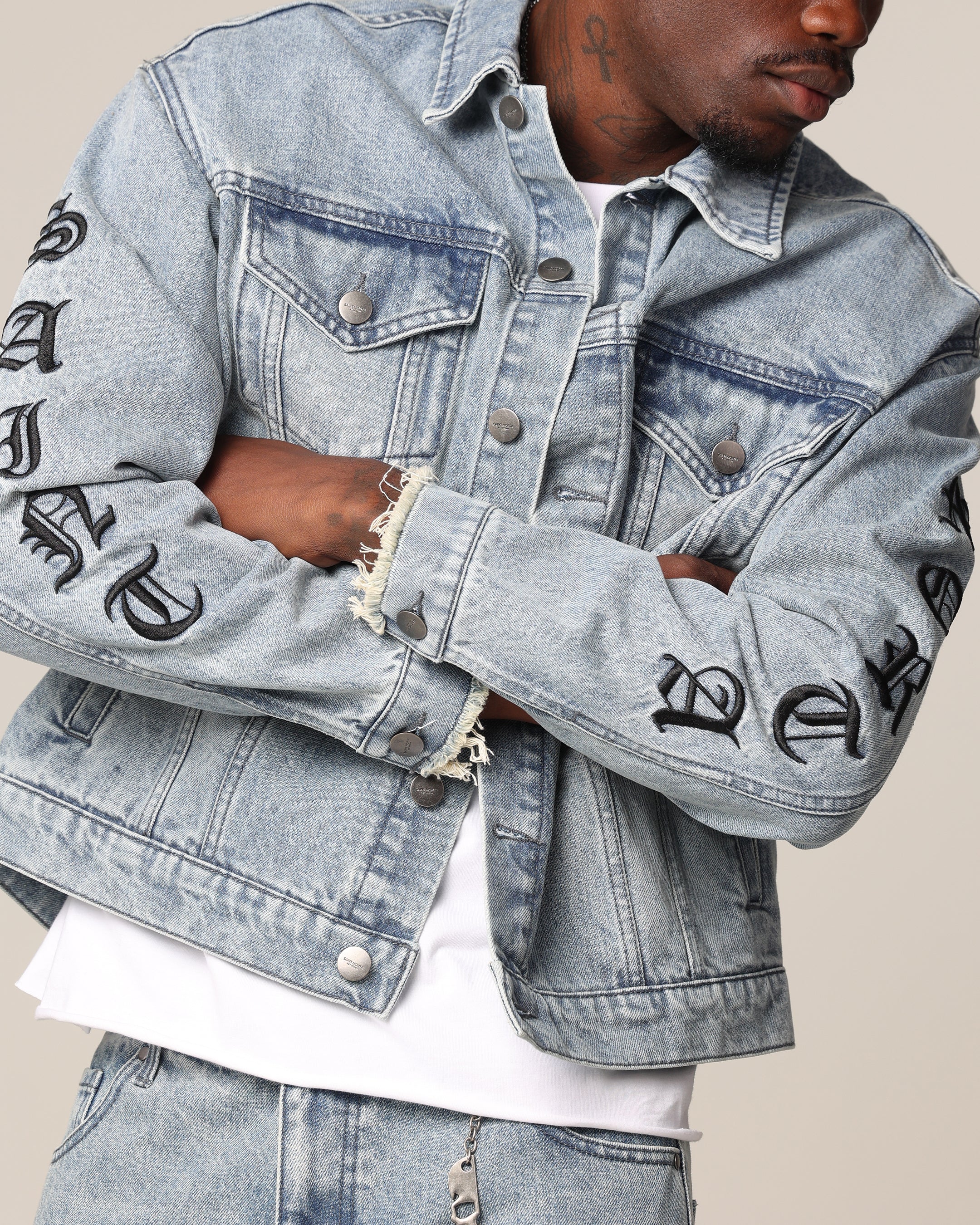 Saint Morta Rip Gothic Cutoff Denim Jacket Superwash Blue - Image 8