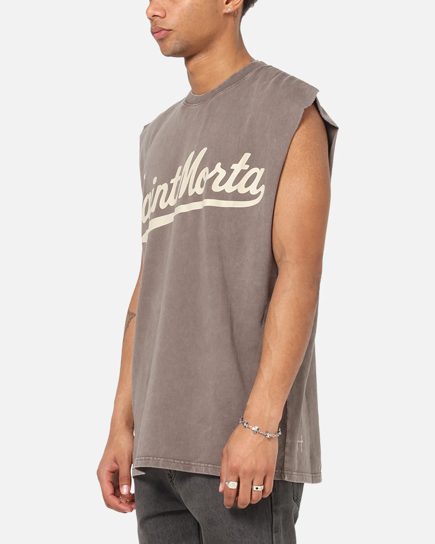 Saint Morta Script Oversized Muscle T-Shirt Washed Brown - Image 5