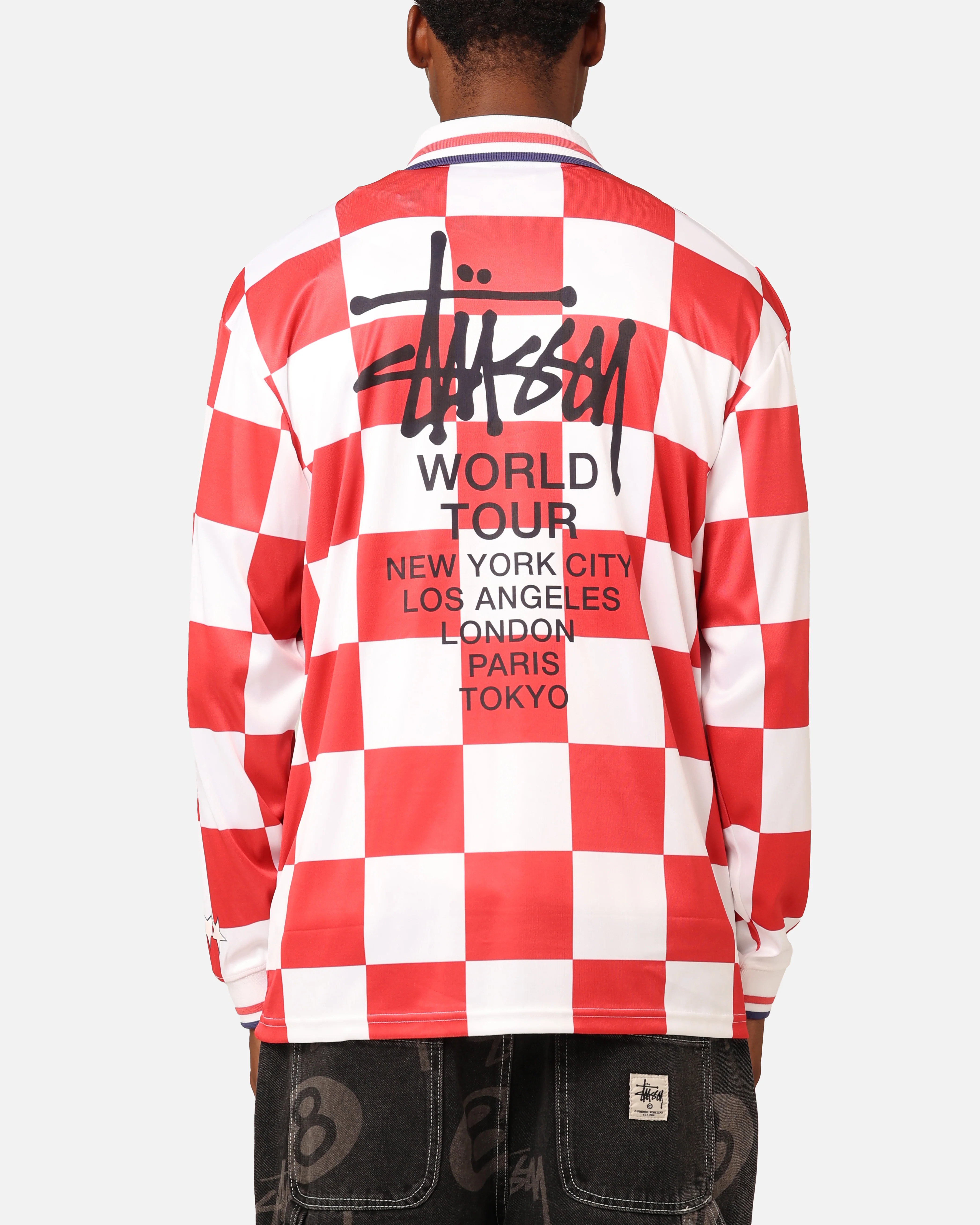 Stüssy Football Polo Long Sleeve T-Shirt White/Red Check - Image 2