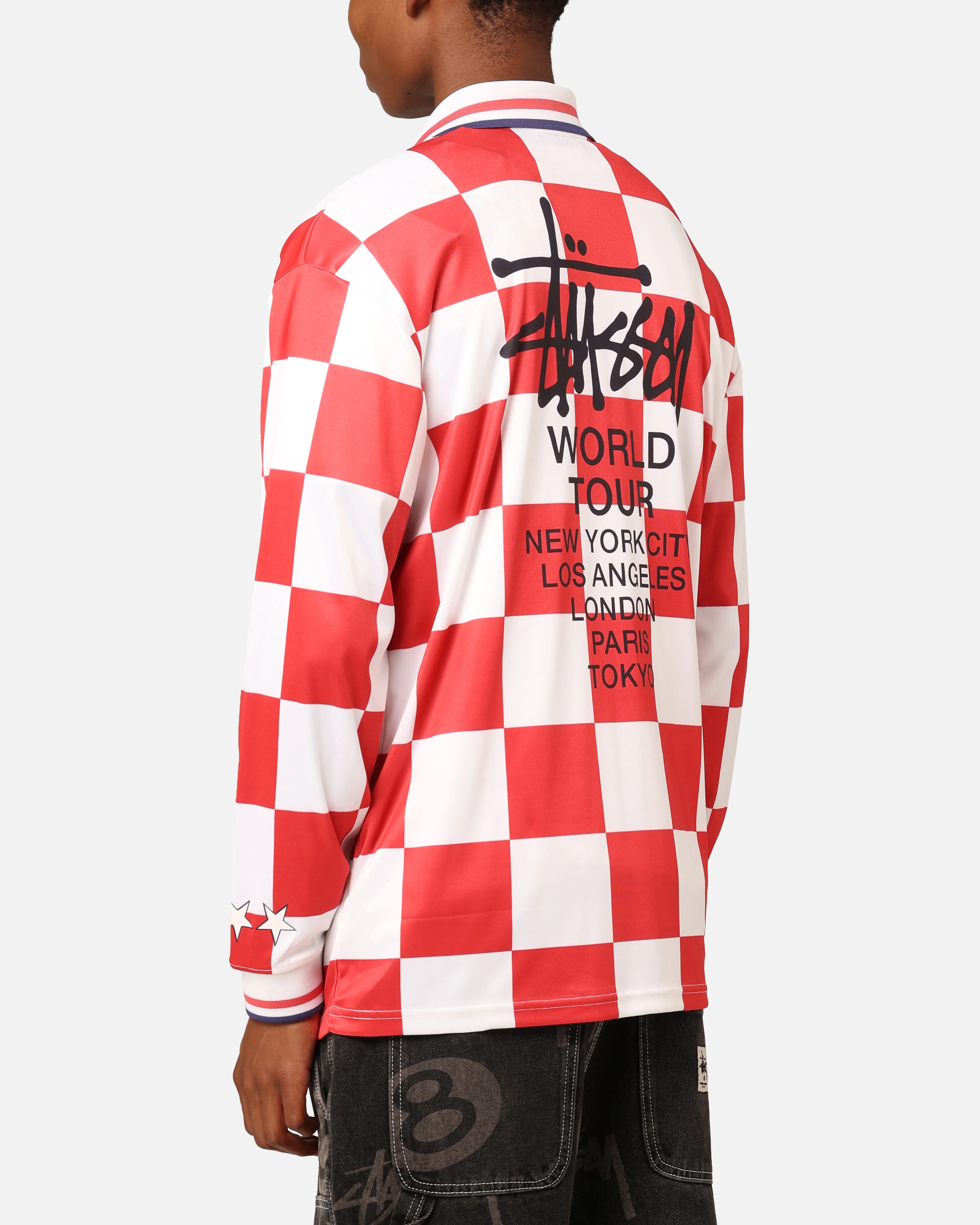 Stüssy Football Polo Long Sleeve T-Shirt White/Red Check - Image 5