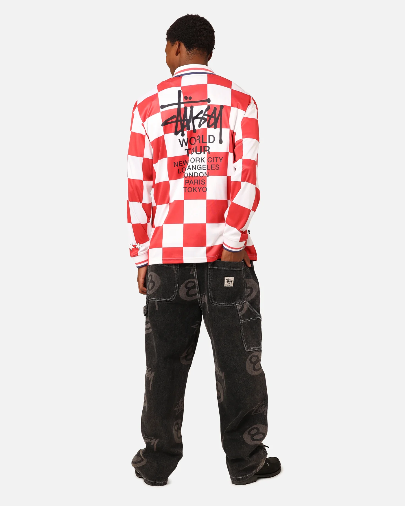 Stüssy Football Polo Long Sleeve T-Shirt White/Red Check - Image 6