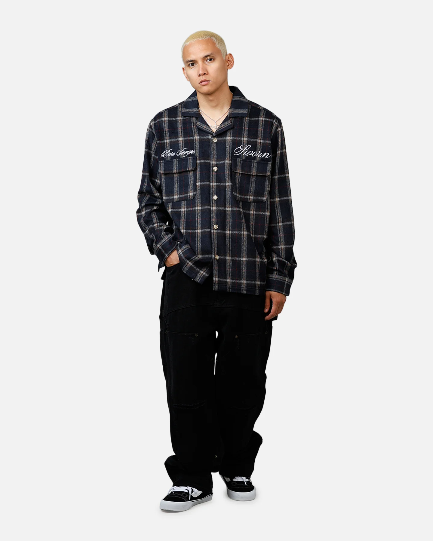 Sworn To Us Lotus Angel Flannel Button Up Shirt Navy - Image 3